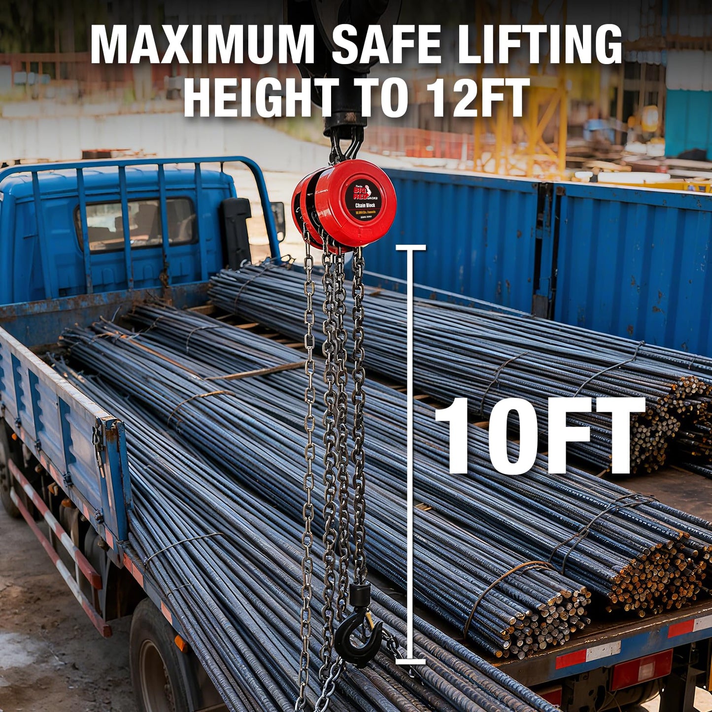 Big RED Manual Hand Lift Steel Chain Block Hoist with 2 Hooks, 5 Ton (10,000 lb) Capacity, Red