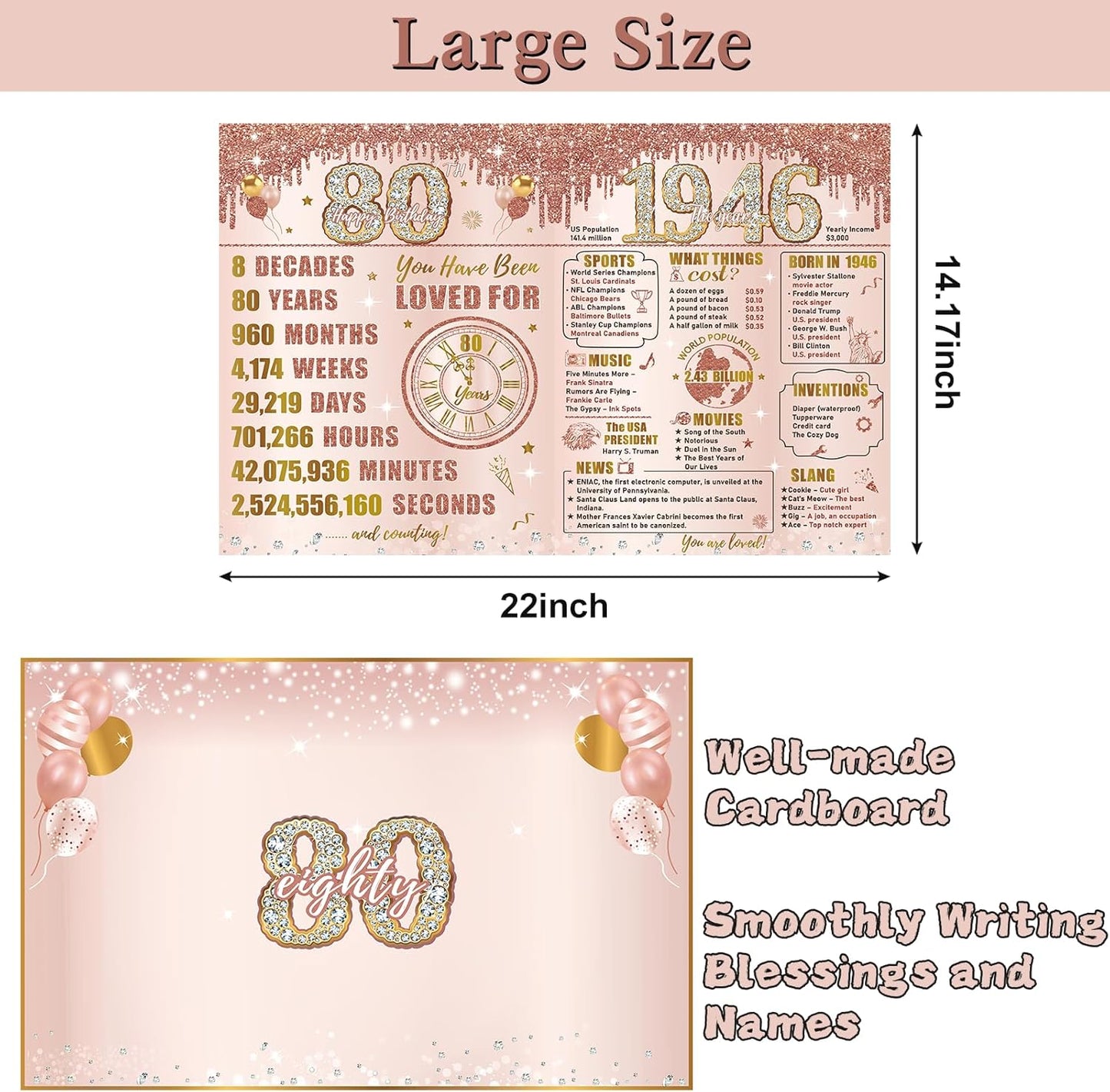 Turypaty 80th Birthday Card - Large Pink Rose Gold Design with Envelope | Giant Guest Signature Book Gift
