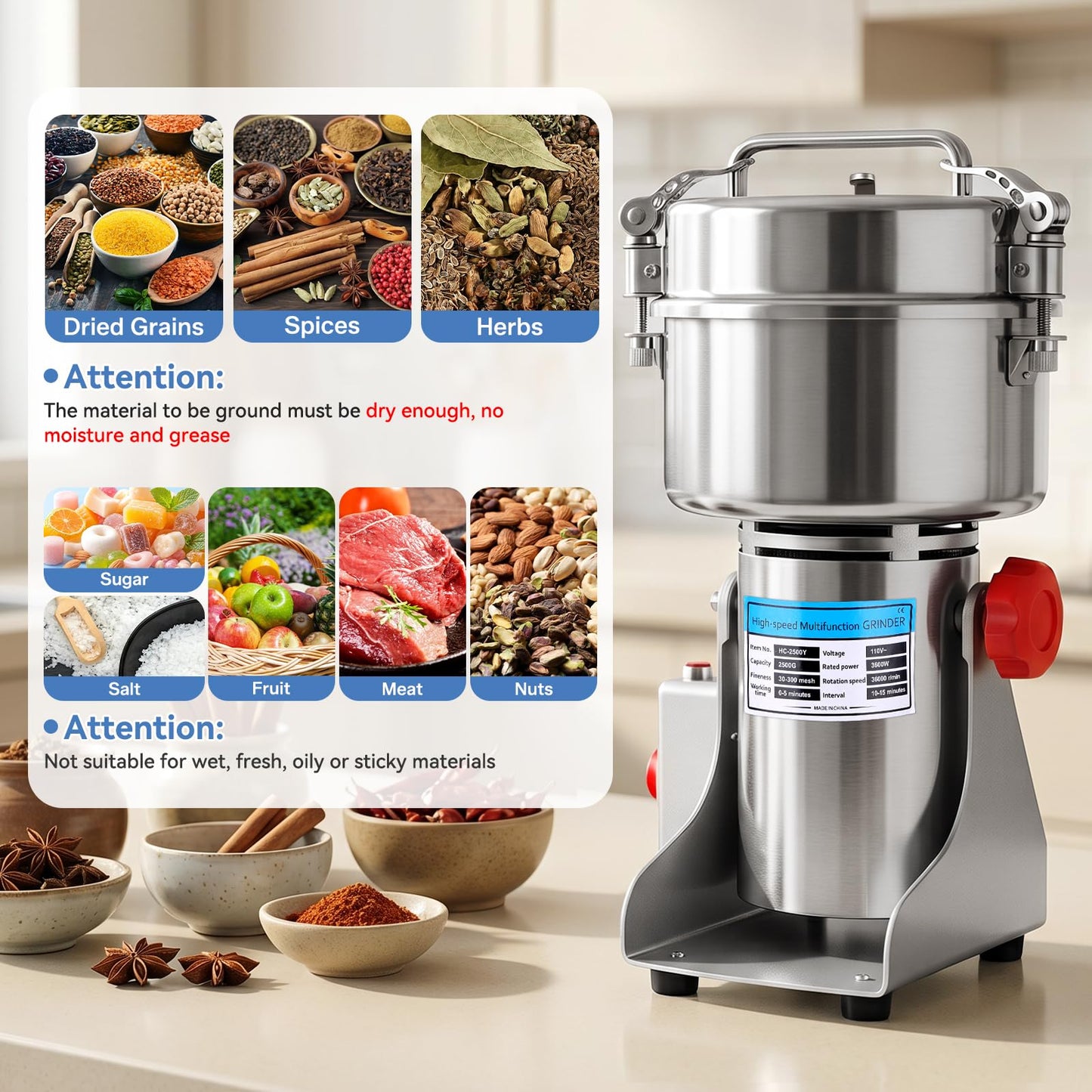 Powerful 3600W Grain Mill Grinder – 2500g Stainless Steel, 36000 RPM Triple-Blade System, 270° Swing for Easy Flour Making, 30-300 Mesh Adjustable, for Home Kitchen & Coffee Shop