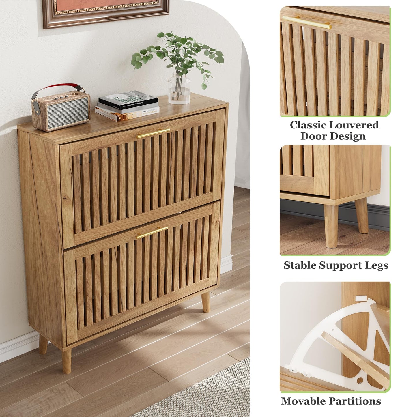 Shoe Storage Cabinet with Louvered 2 Flip Drawers, Narrow Shoe Cabinet Storage for Entryway, Freestanding Shoe Organizer Cabinet with Golden Handles, Slim Shoe Rack Cabinet 31.5in(Natural Wood)