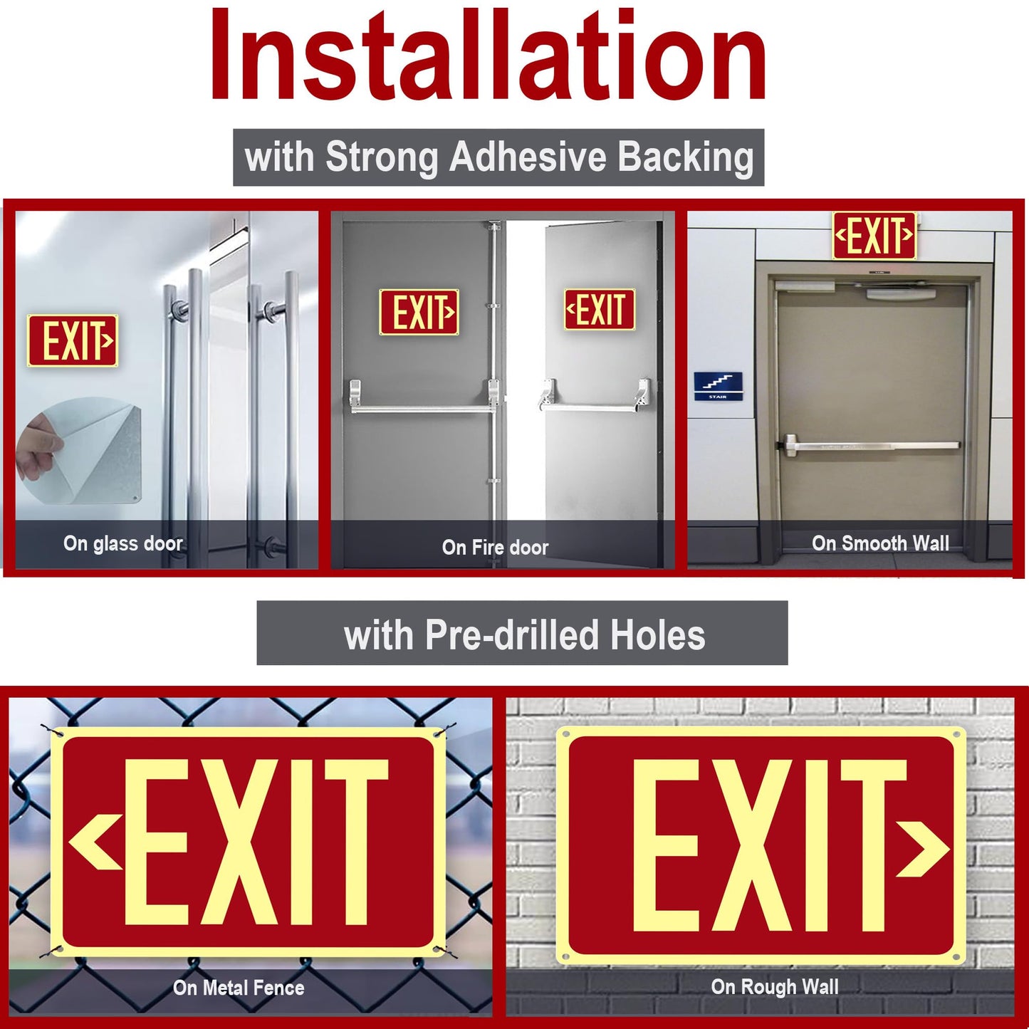 4Pack Photoluminescent Exit Sign Red, 14"x 10" Aluminum Glow In The Dark Exit Signs with Strong Adhesive Backing and 8pcs Removable Directional Arrows Glow In The Dark,Easy to install