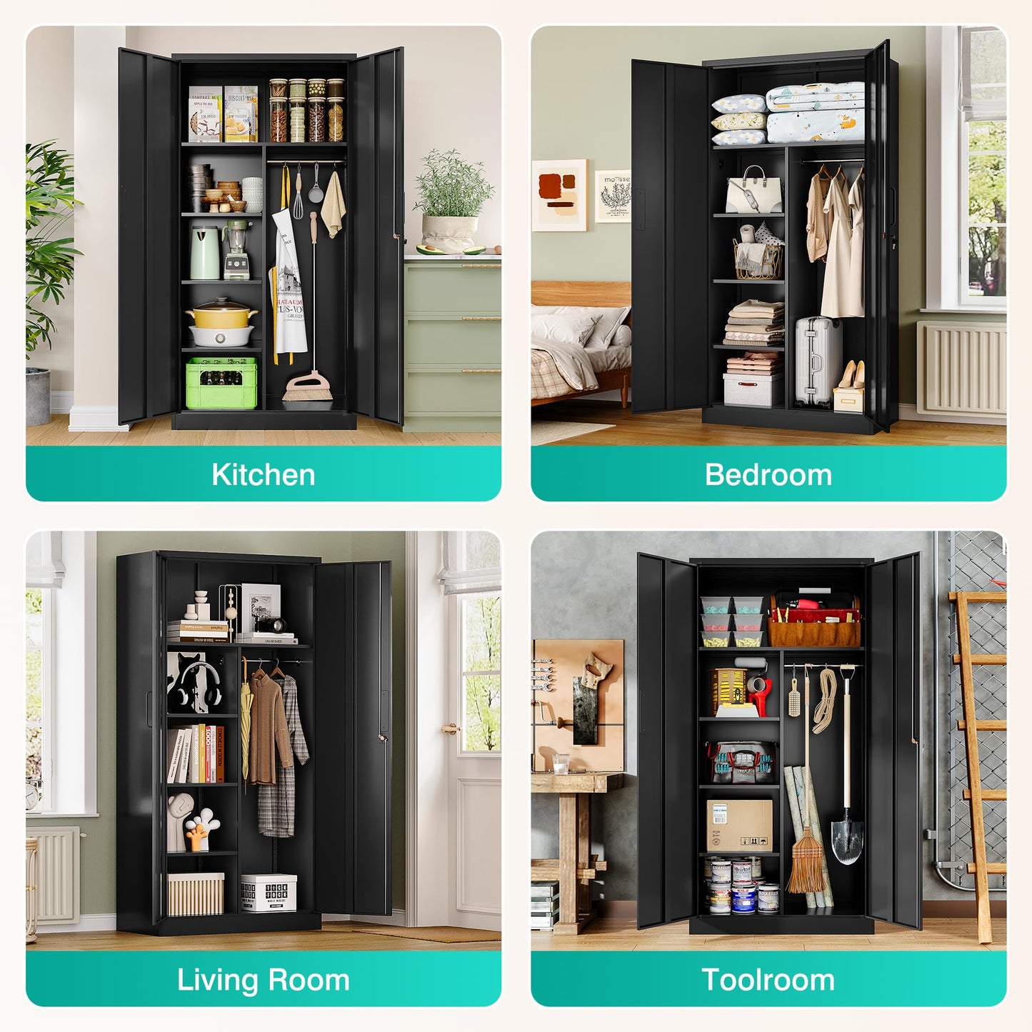 Wide & Deep Metal Storage Cabinet with Hanging Rod,Black Broom Closet Storage Cabinet with Lock,72" Tall Wardrobe Cabinets with Doors and Shelves,Locking Steel Tool Cabinets for Home,Office,Garage