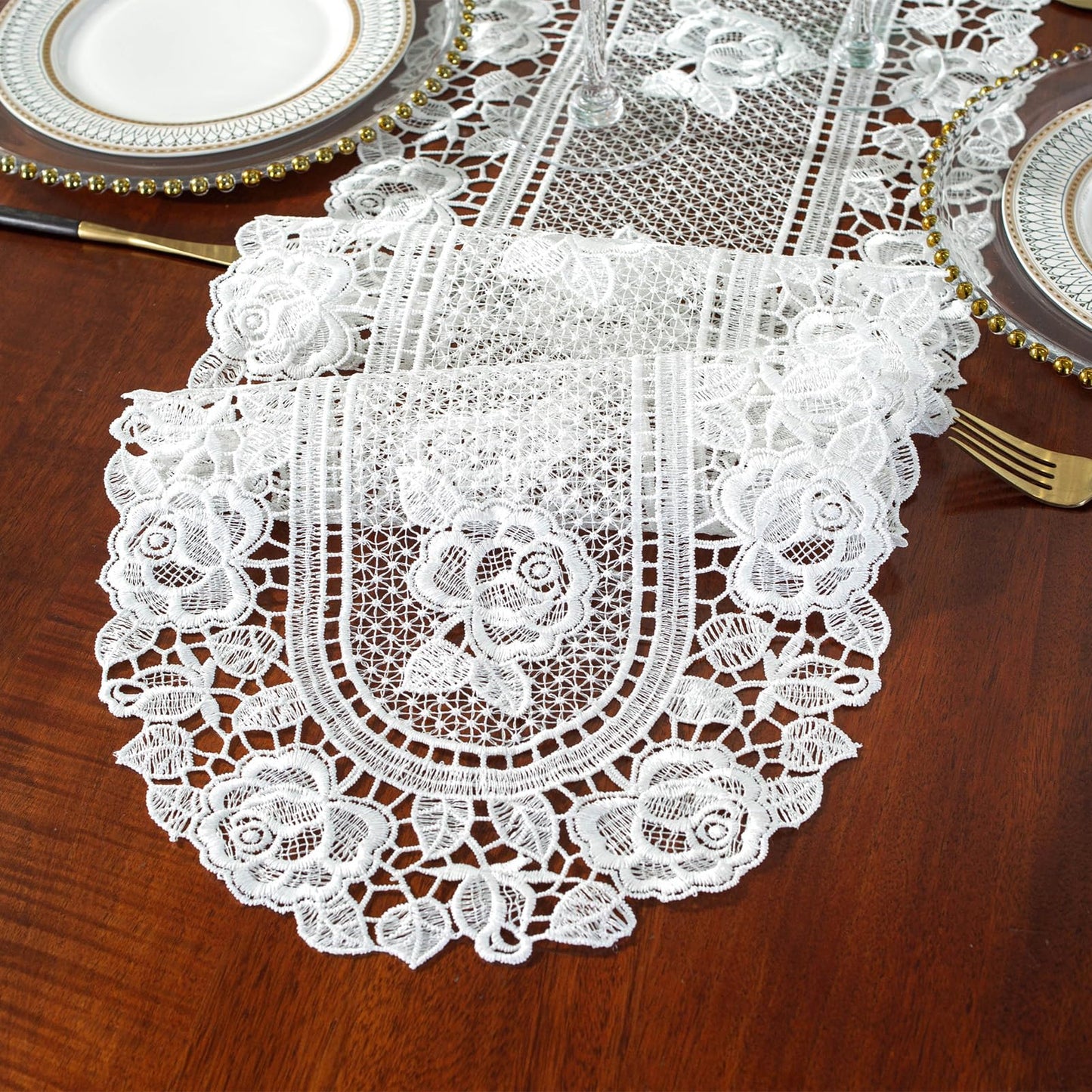 auons White Crochet Lace Table Runner Peony Floral Embroidered Table Dresser Scarf Rustic Table Decor for Home Wedding Bridal Shower Baby Shower Party, 12 x 72 Inch