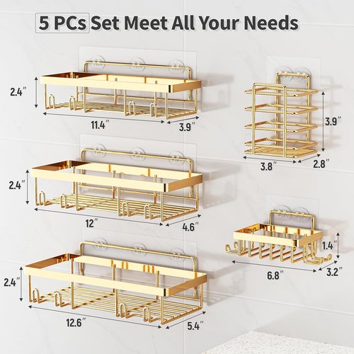 Liuoud Shower Caddy Organizer - Rustproof Stainless Steel Wall Storage Basket Set | 5 Pack, Gold