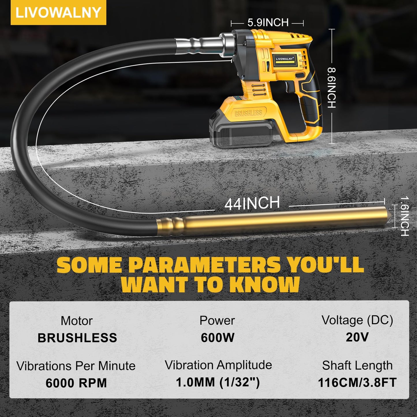 LIVOWALNY Handheld Concrete Vibrating Tool Compatible with Dewalt 20V Battery, 600W 6000RPM Cordless Electric Concrete Vibrator with 3.8ft Shaft Rod for Remove Air Bubble, Tool Only No Battery