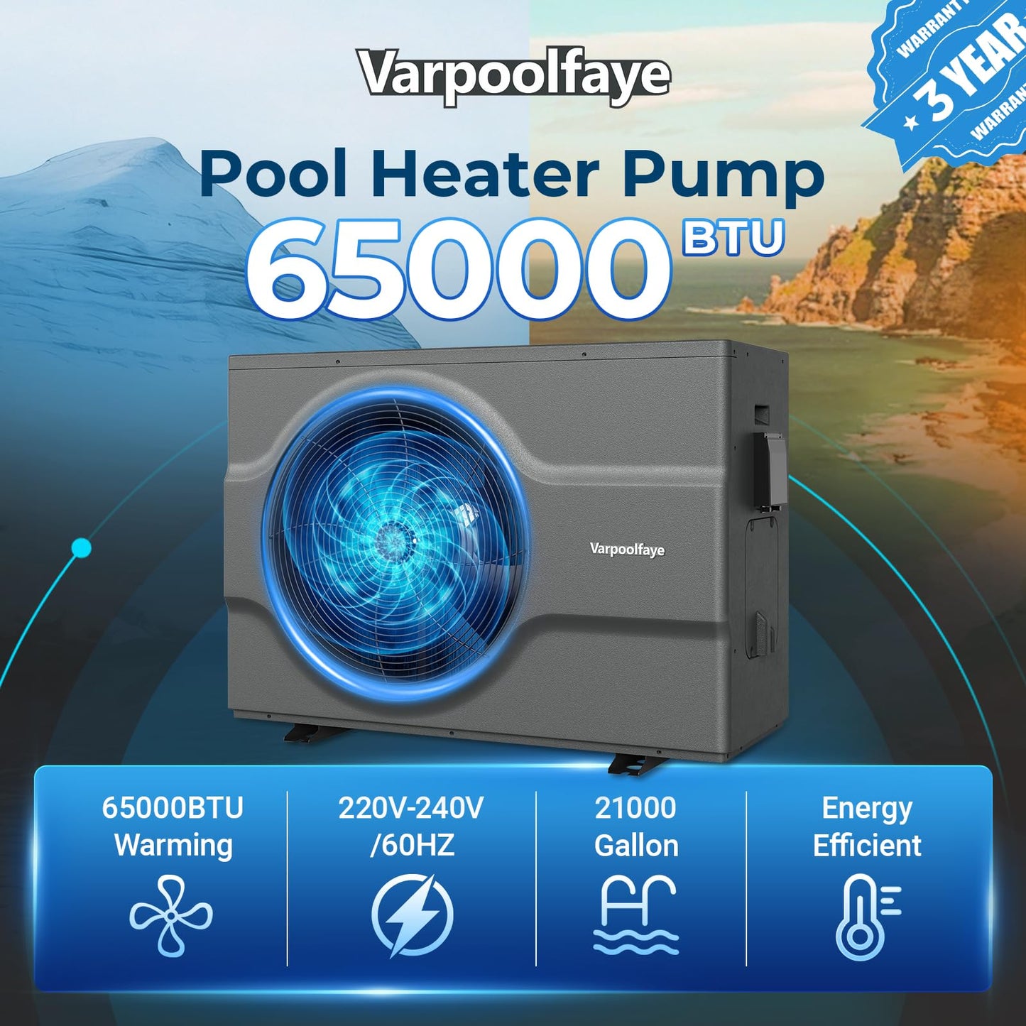 Varpoolfaye 65000 BTU Inverter Electric Pool Heat Pump For Above Ground Pool Heater 21000 Gallons 220v 240v Wifi Control Spa