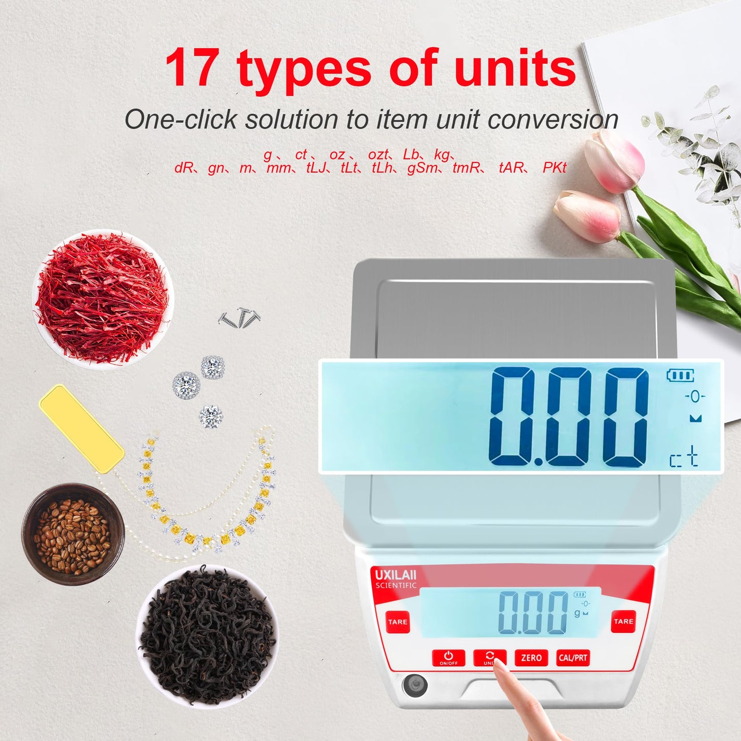 UXILAII SCIENTIFIC Lab Scale 5000g x 0.01g High Precision Electronic Analytical Balance 0.01g Accuracy Laboratory Balance Digtal Scale Gram Scale Jewelry Scale with 1Kg Calibration Weight