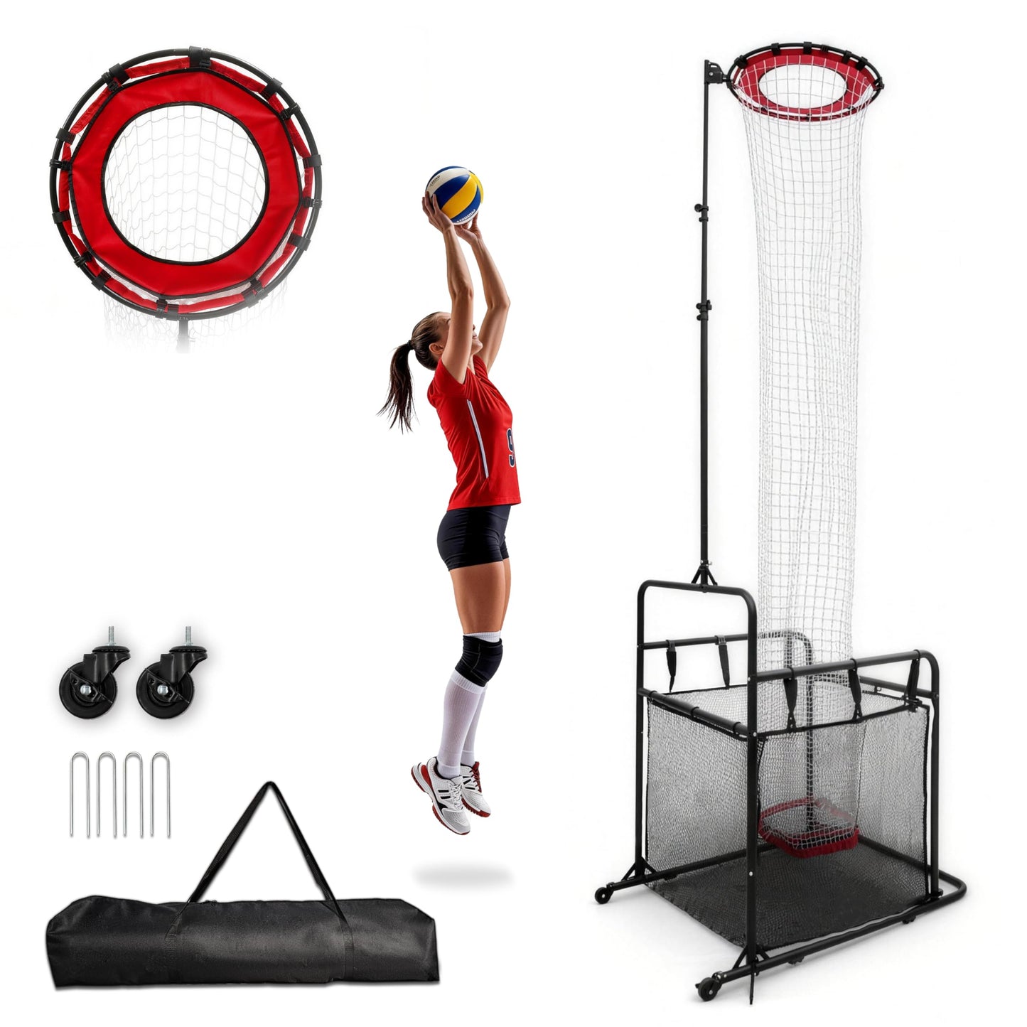 SCHENG-V Volleyball Setting Net, Setter Volleyball Training Net 6.9-10.8 FT Adjustable Height, 45°-180° Adjustable Angle, Stable Base for Indoor Outdoor Practice Equipment