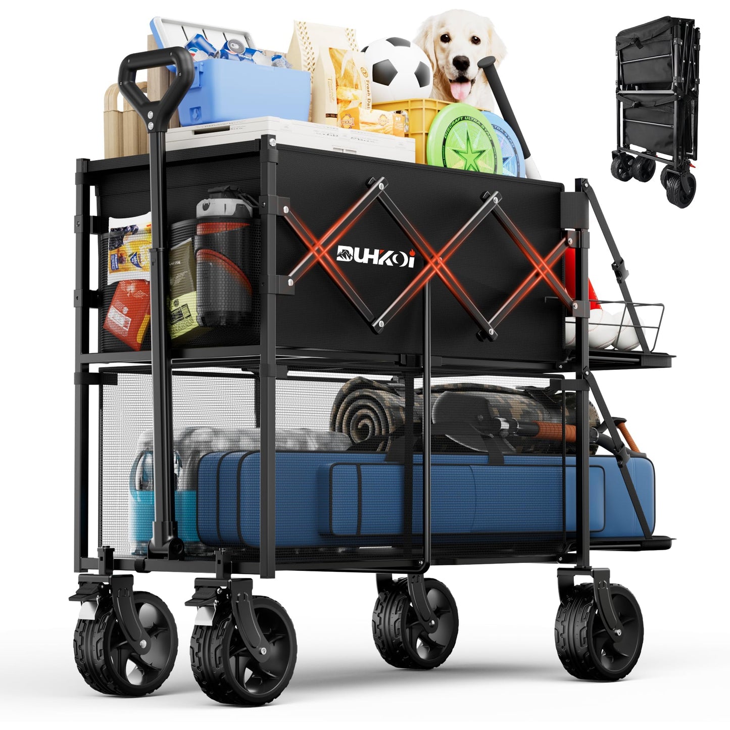 DUHKOI Double Decker Collapsible Wagon with Brakes, Folding Utility Cart with Big All-Terrain Wheels, 2-Tier Wagon for Camping Gear, Sports, Groceries, Shopping, Garden & Outdoor Use