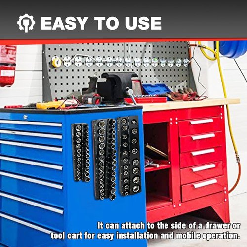 EACELIY Magnetic Socket Organizer Set - 6-Piece Holder for 1/2", 1/4", 3/8" SAE & Metric Sockets | Attaches to Tool Cart