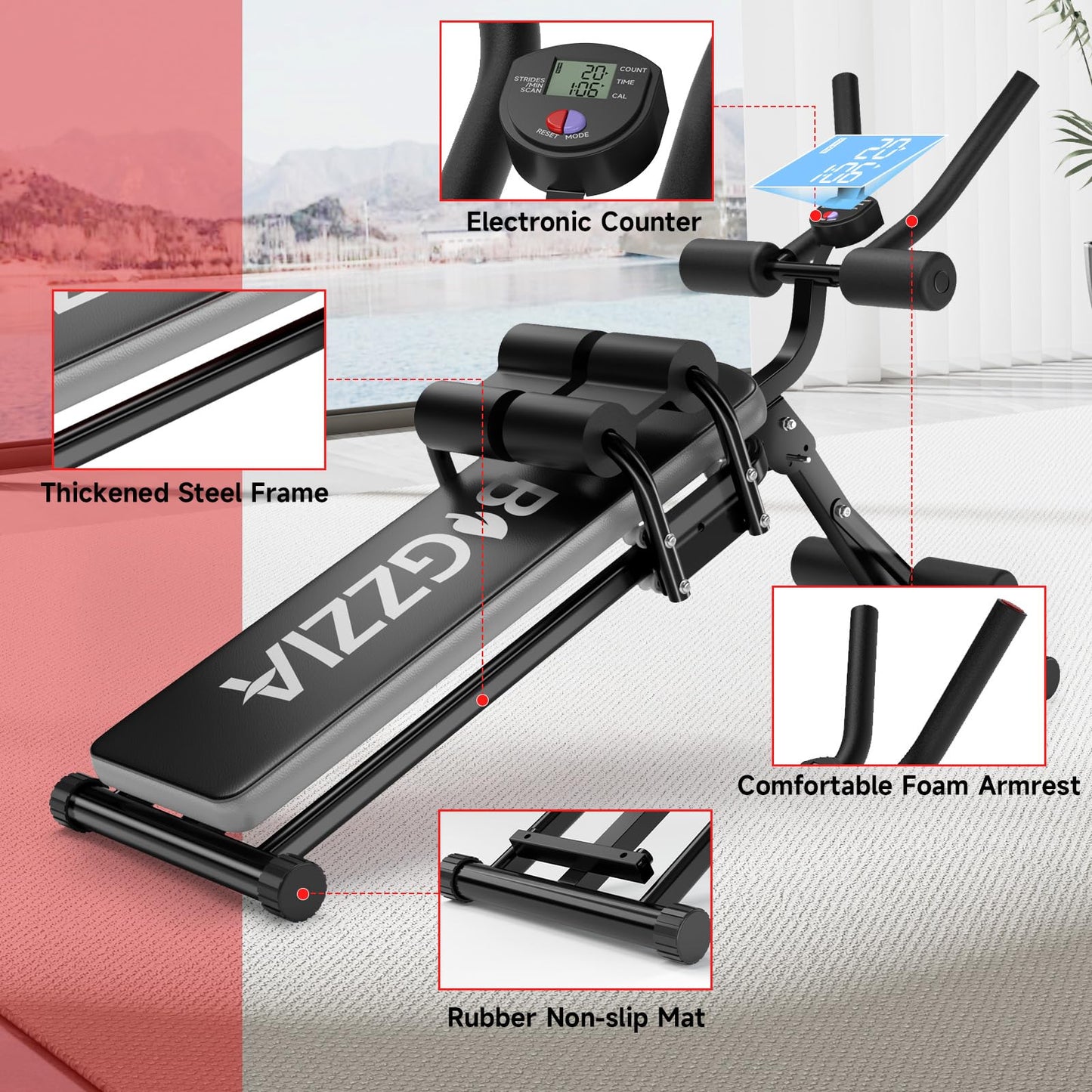 Bigzzia Ab Machine, 5-in-1 Adjustable Ab Workout Bench Core Abdomen Trainer for Stomach Workout, Crunch Machine Exercise Equipment for Home Gym - Sit UP, Push UP, Leg Press, Glider, Roman Chair, 330lbs Capacity