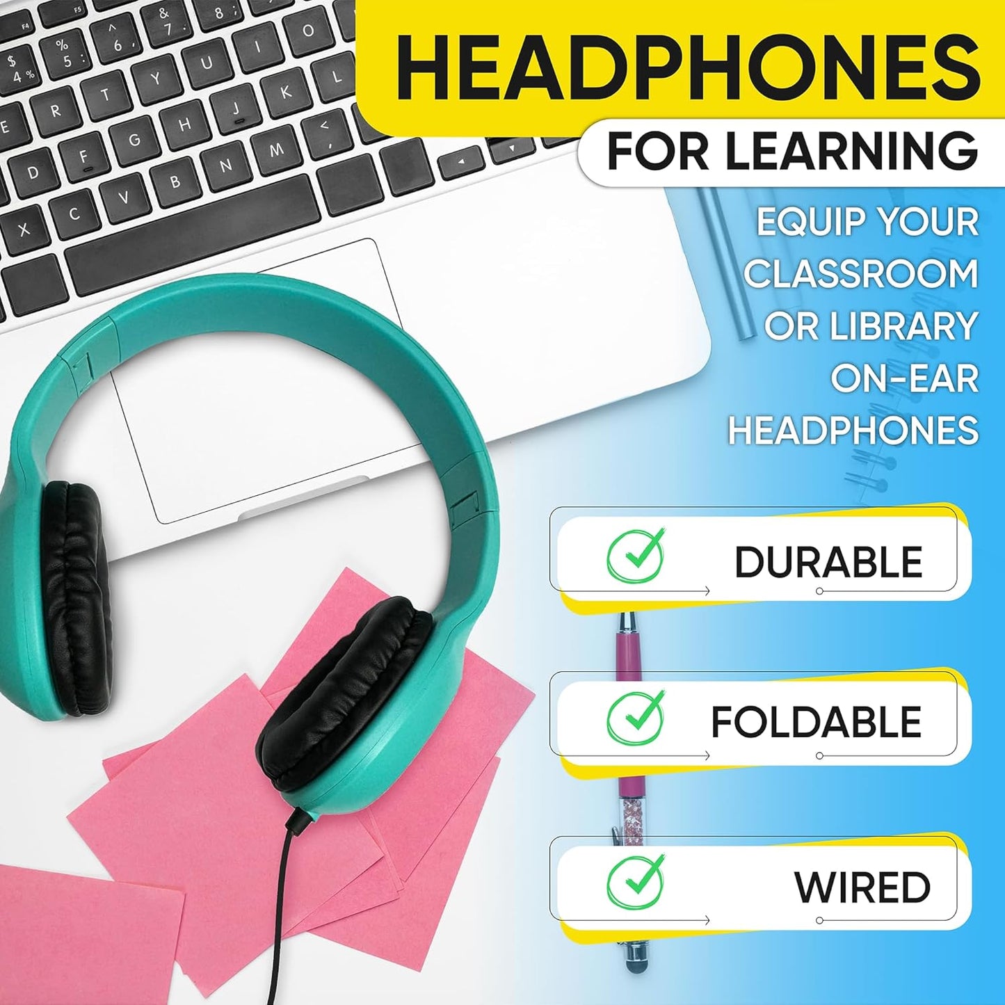 1 Pack 3.5mm Wired On-Ear Leather Headphones with Connector, Oval Metal Housing, Black