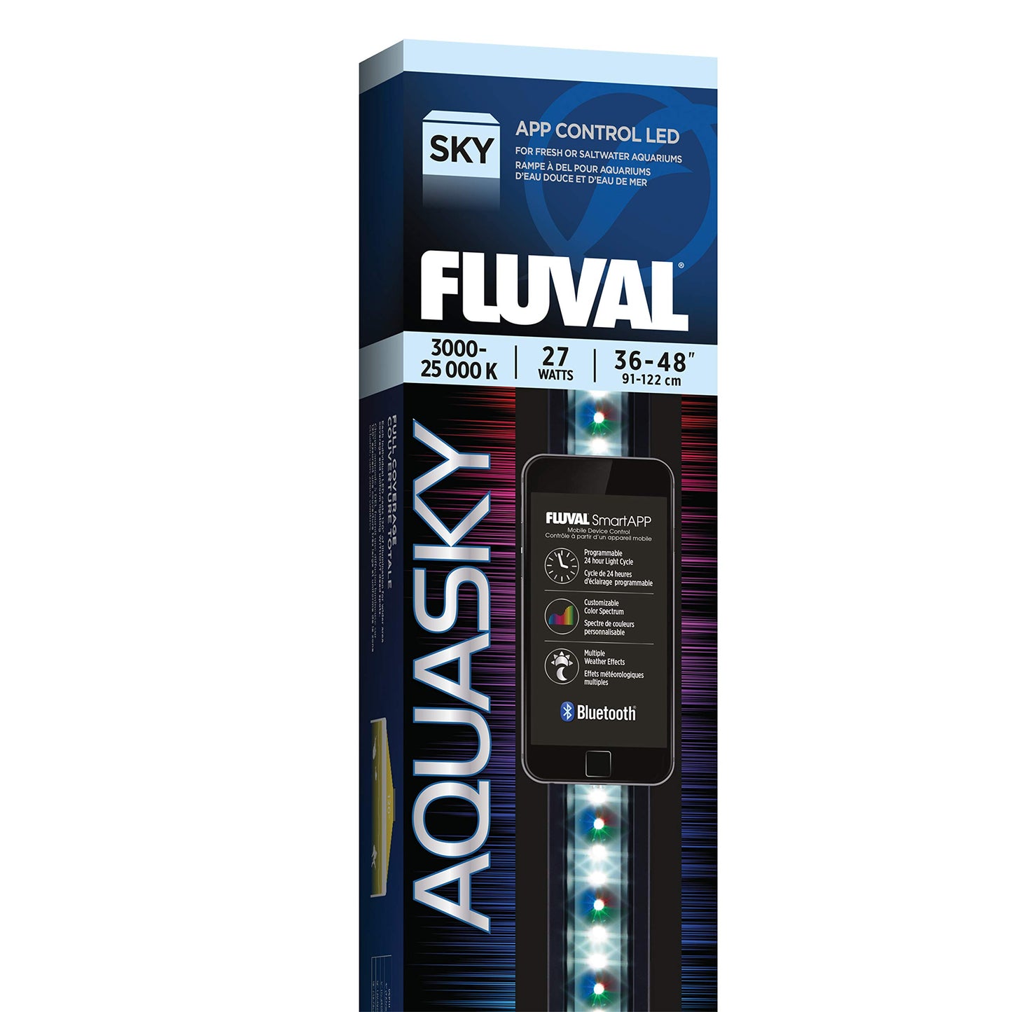 Fluval Aquasky 2.0 Bluetooth LED Aquarium Light – 27W, 36–48" | RGB + 6500K White | App-Controlled with 24-Hour Light Cycle & Weather Effects | IP67 Waterproof | Wide 120 Coverage