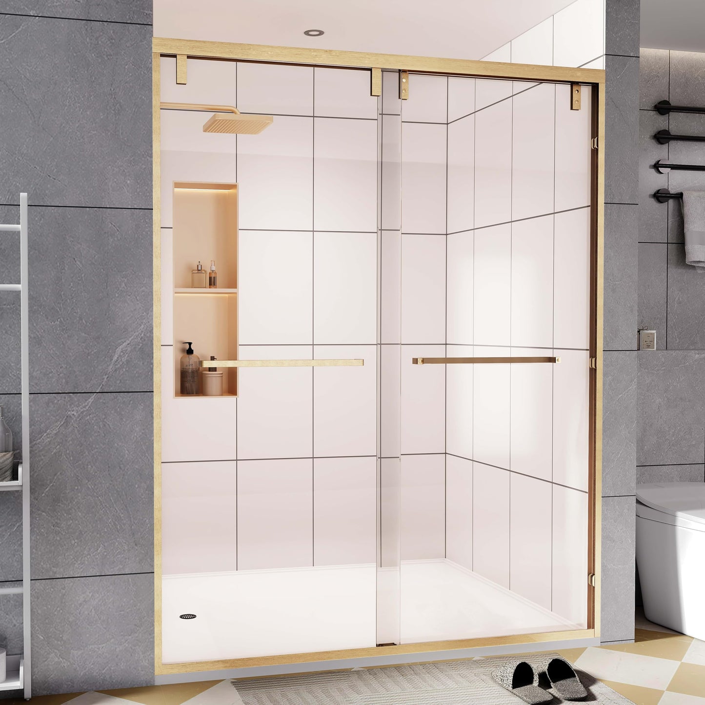Dyvalis 49-54" W x 76" H Semi-Frameless Double Sliding Shower Door, 1/4" (6mm) SGCC Tempered Clear Glass with Easy-Clean Coating, Bypass Glass Shower Doors, Brushed Gold