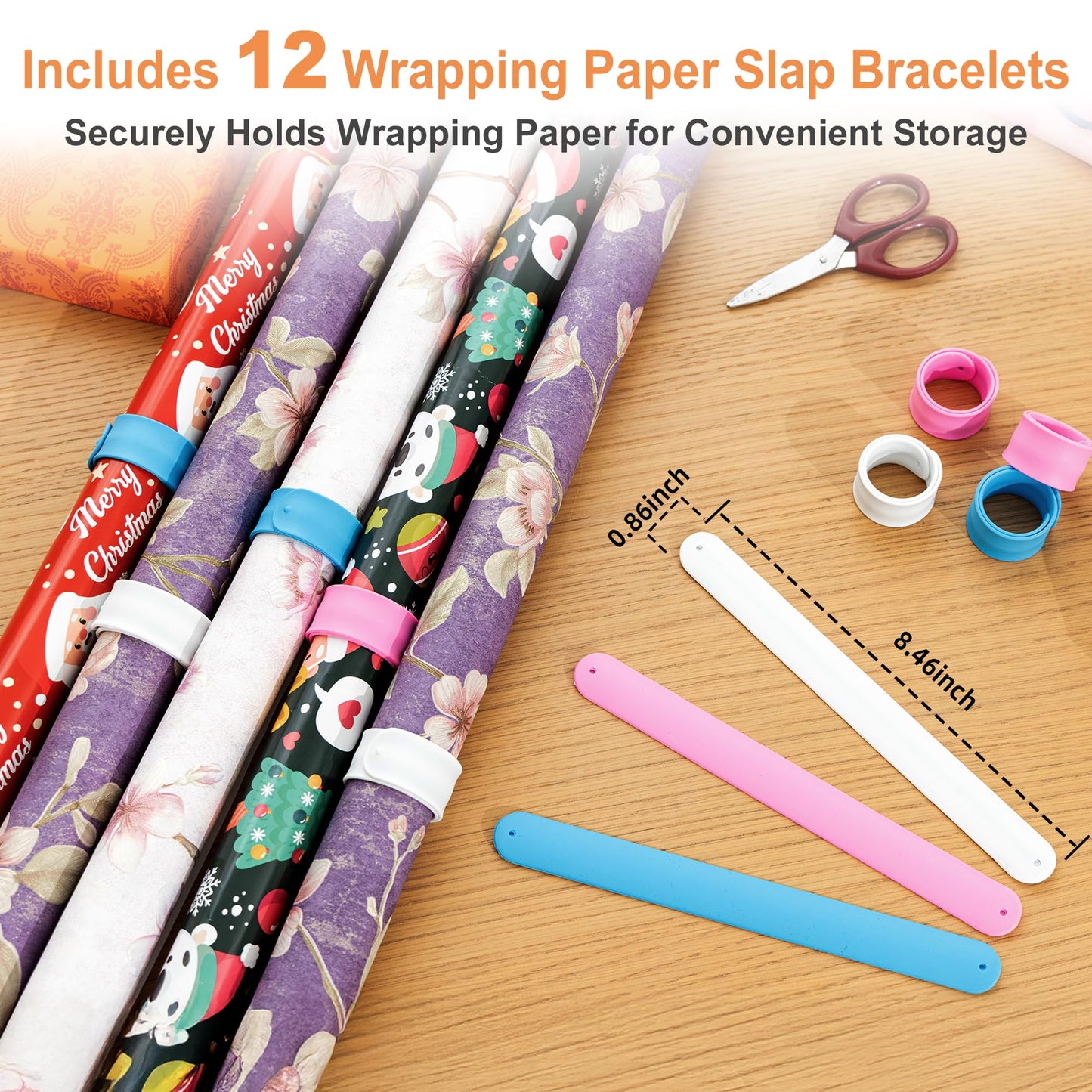 Aquzee Gift Wrapping Paper Organizer Storage, Rolling Gift Wrap Storage Stand, Vertical Wrapping Paper Storage Cart, Ribbon Organizers, 12 PCS Slap Bracelets, Adjustable Rod Design, White