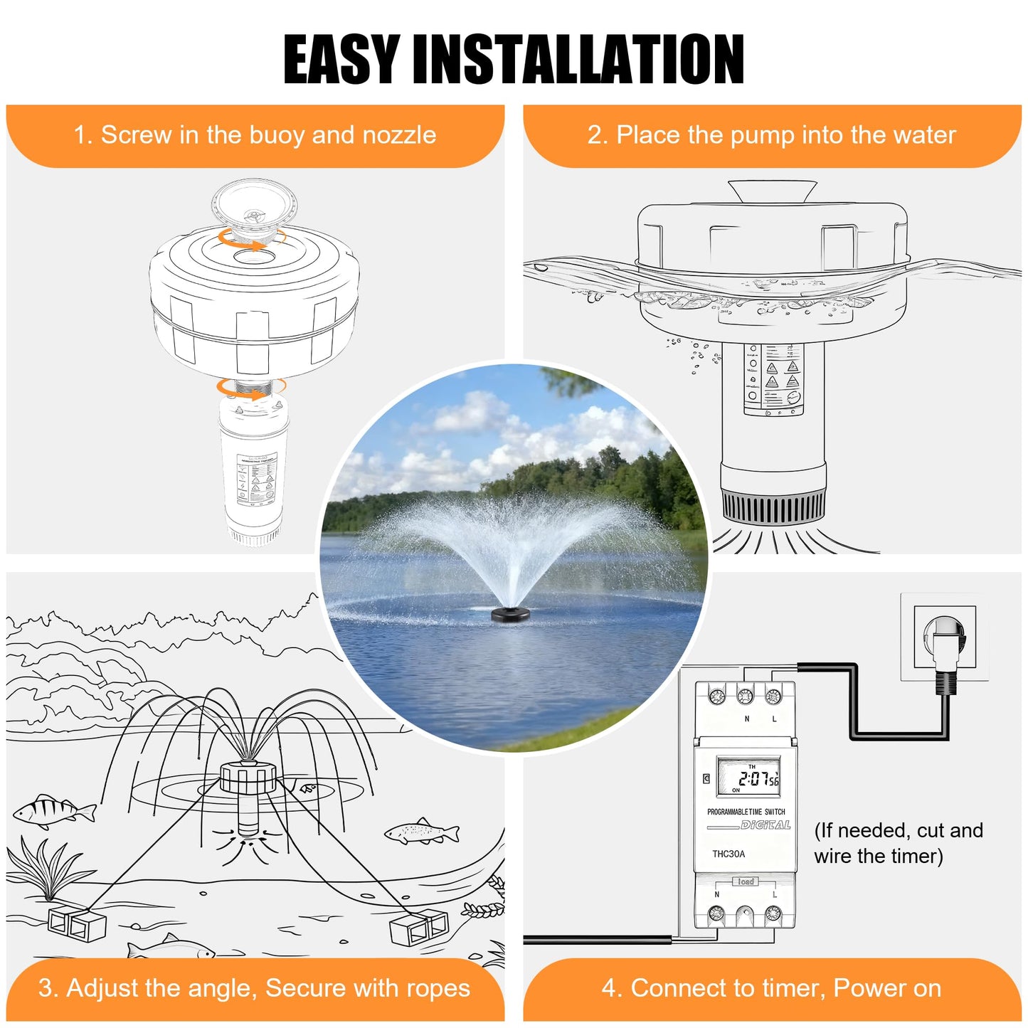 HUNKING H1 Pond Fountain Aerator 750W 1HP - 16000 GPH Floating Aerating Pump with Timer, 110V-120V/100FT Power Cord/2 Nozzles Outdoor Water Circulation Jet System for Large Ponds, Lakes, Water Gardens