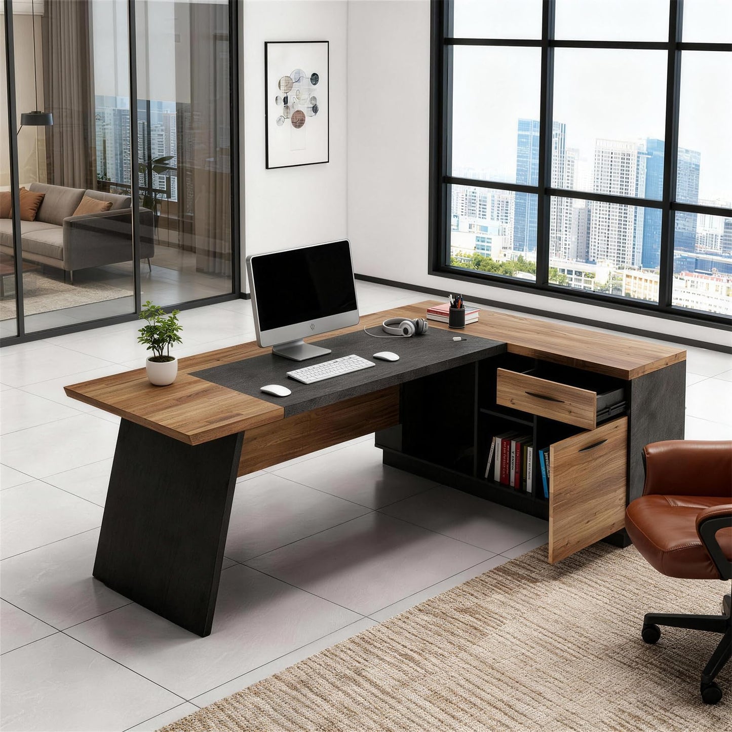 ONNAHOMEStlyle 78.74 Inch L Shaped Office Desk with Drawers & Built-in Power Access, Large Executive Workstation with Storage Cabinet, Modern Wooden Desk for Business or Home Office (claybank, Right)