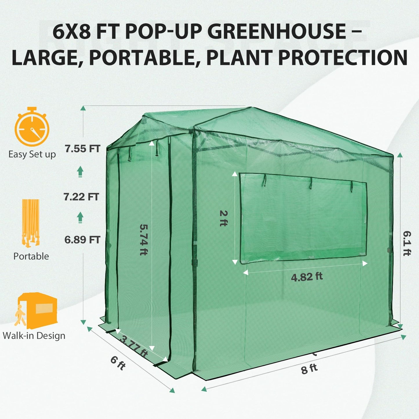 EAGLE PEAK 8x6 Portable Walk in Greenhouse, Pop Up Indoor Outdoor Greenhouse, Green House Kit with Zippered Roll-Up Doors and Windows, PE Cover, Clear/Green