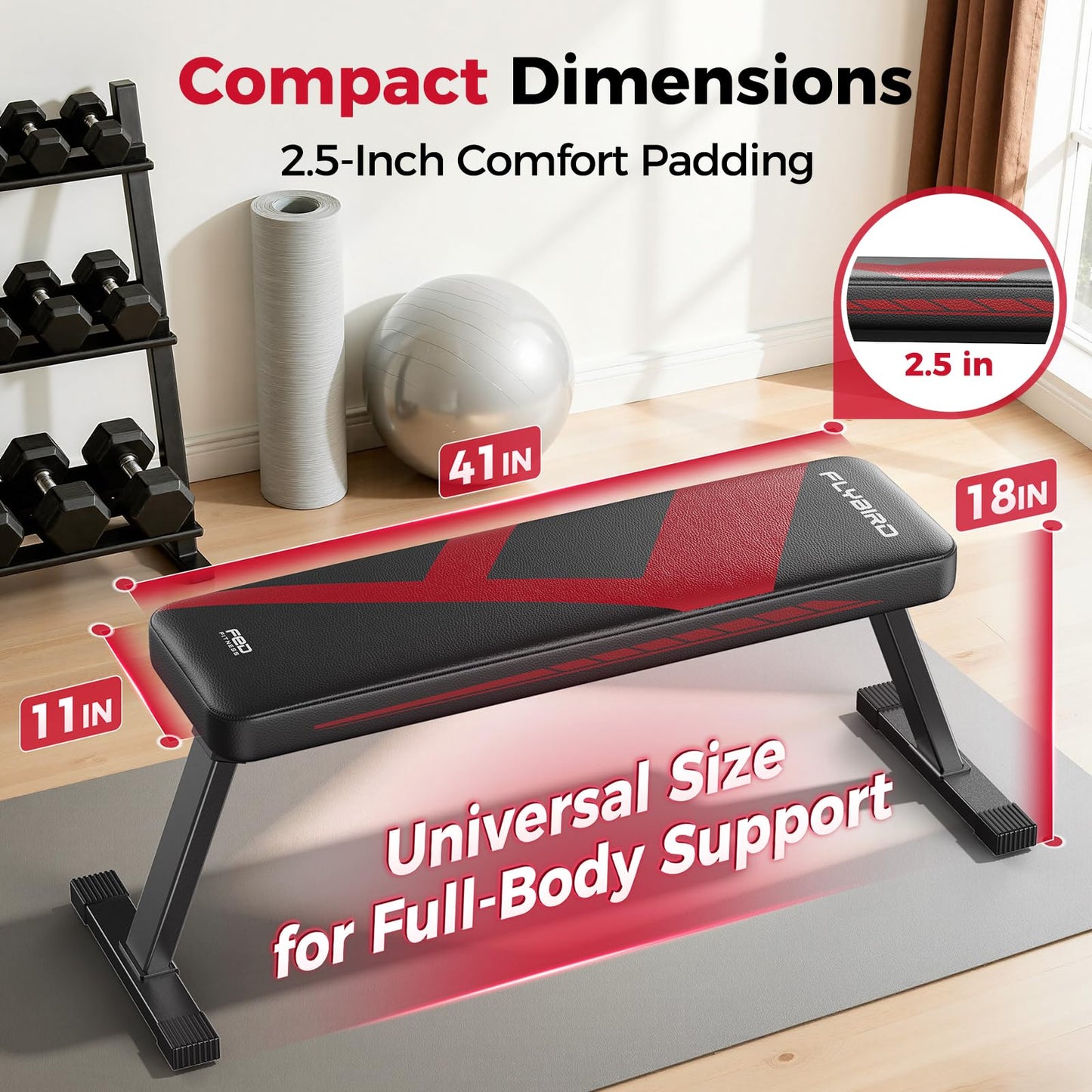 FLYBIRD Foldable Flat Weight Bench For Home Gym, Sturdy Strength Training Workout Bench, Space-saving Bench Press Flat Exercise Bench, Easy to Assemble (A-Red)