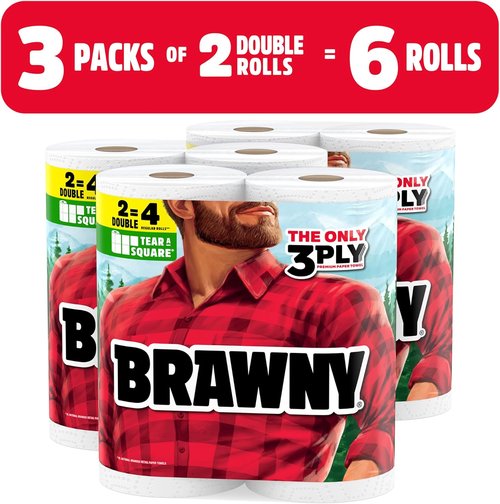 Brawny 3-Ply Tear-A-Square Paper Towels - 6 Double Rolls (Equivalent to 12 Regular Rolls)