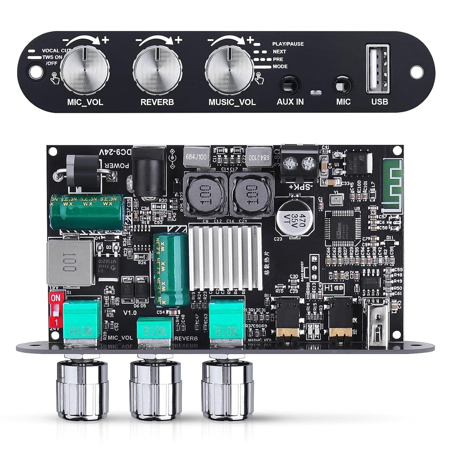 Beffkkip ZK-10001UM 5.3 100W (9-24V Bluetooth Amplifier Board, Mono Class D Power Amp with TWS Pairing, USB/AUX Input