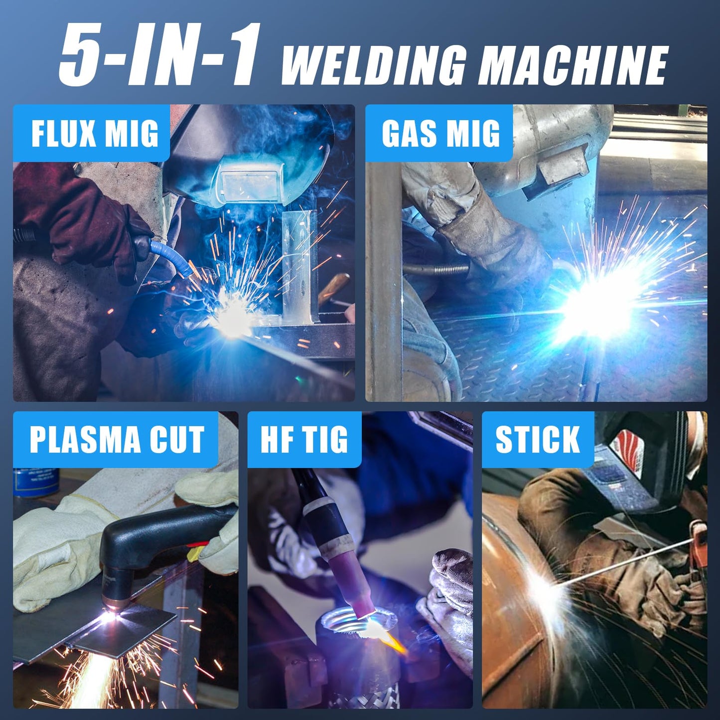 AZZUNO Plasma Cutter Welder Combo 160A, 5 in 1 Plasma Cut/Gas MIG/Flux MIG/HF TIG/Stick Welder Machine, 110V/220V Multiprocess Welding machine(Light Grey)