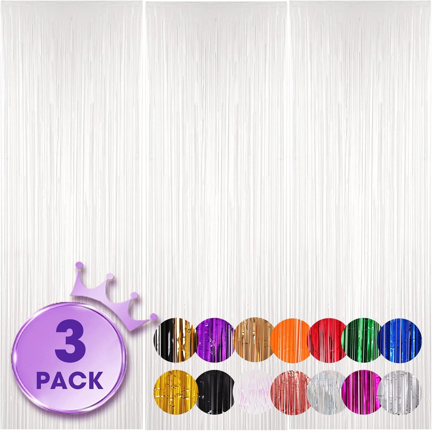 Voircoloria White Foil Fringe Backdrop Curtains - 3 Pack Tinsel Streamers for Parties & Events | 3.3x8.2 Feet