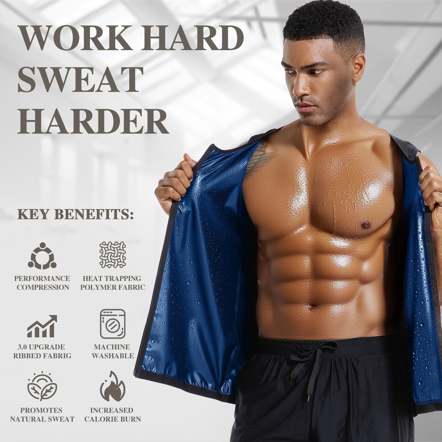 Everfion Men's Sauna Vest Zipper Ribbed Sweat Suit Waist Trainer, Sleeveless Sauna Shirt for Men Compression Tank Top