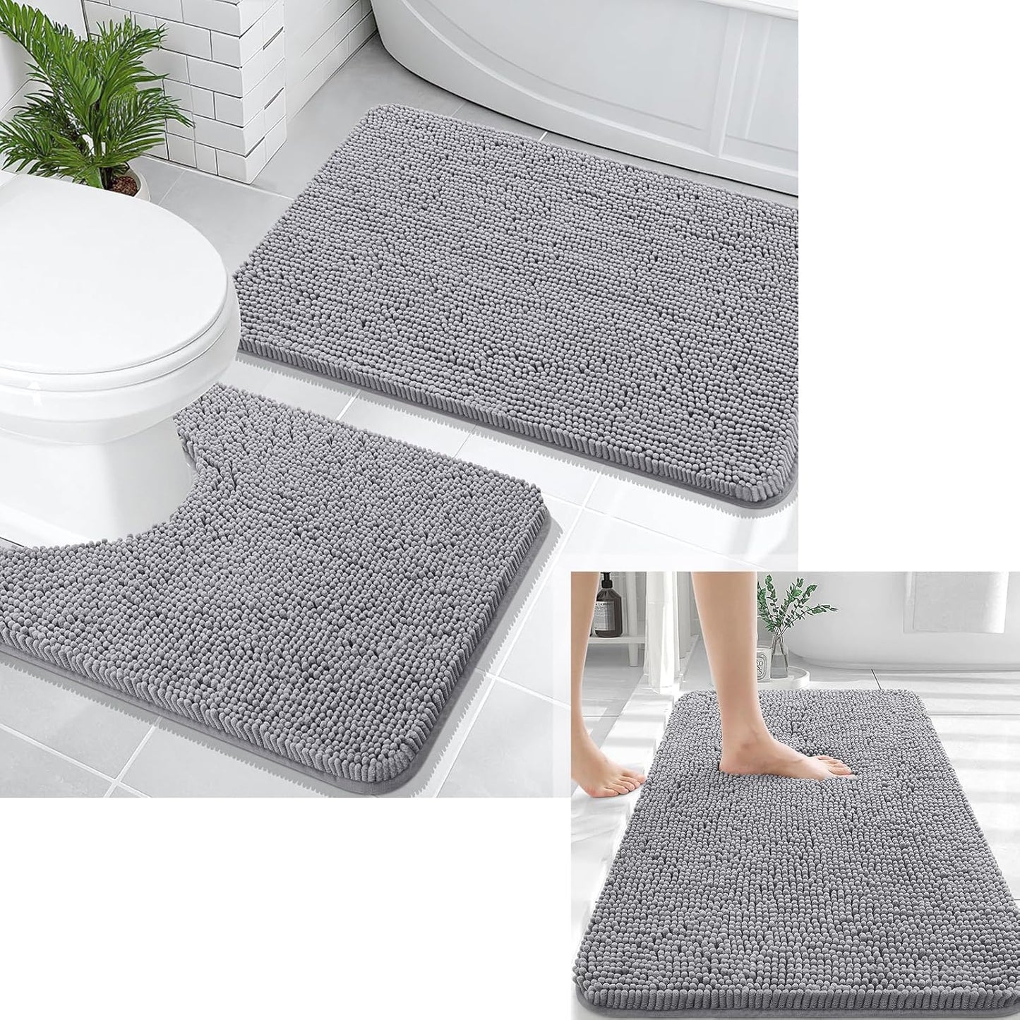 OLANLY Chenille Bath Rug Set - U-Shaped Toilet Rug & Bathroom Mats | Grey, 3-Piece Bundle (30x20, 24x20)