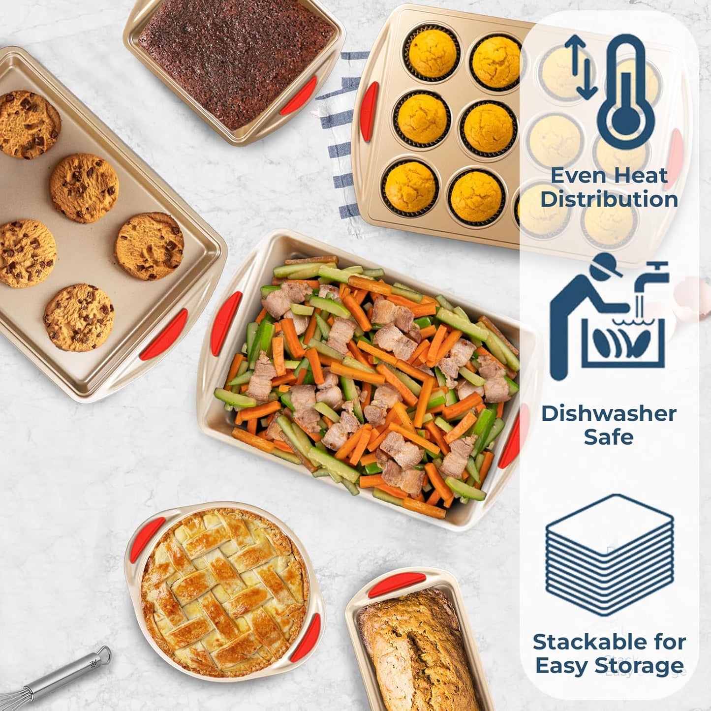 Perlli Baking Kit - Nonstick Gold Steel Oven Set with Silicone Handles | 6-Piece Bakeware Collection