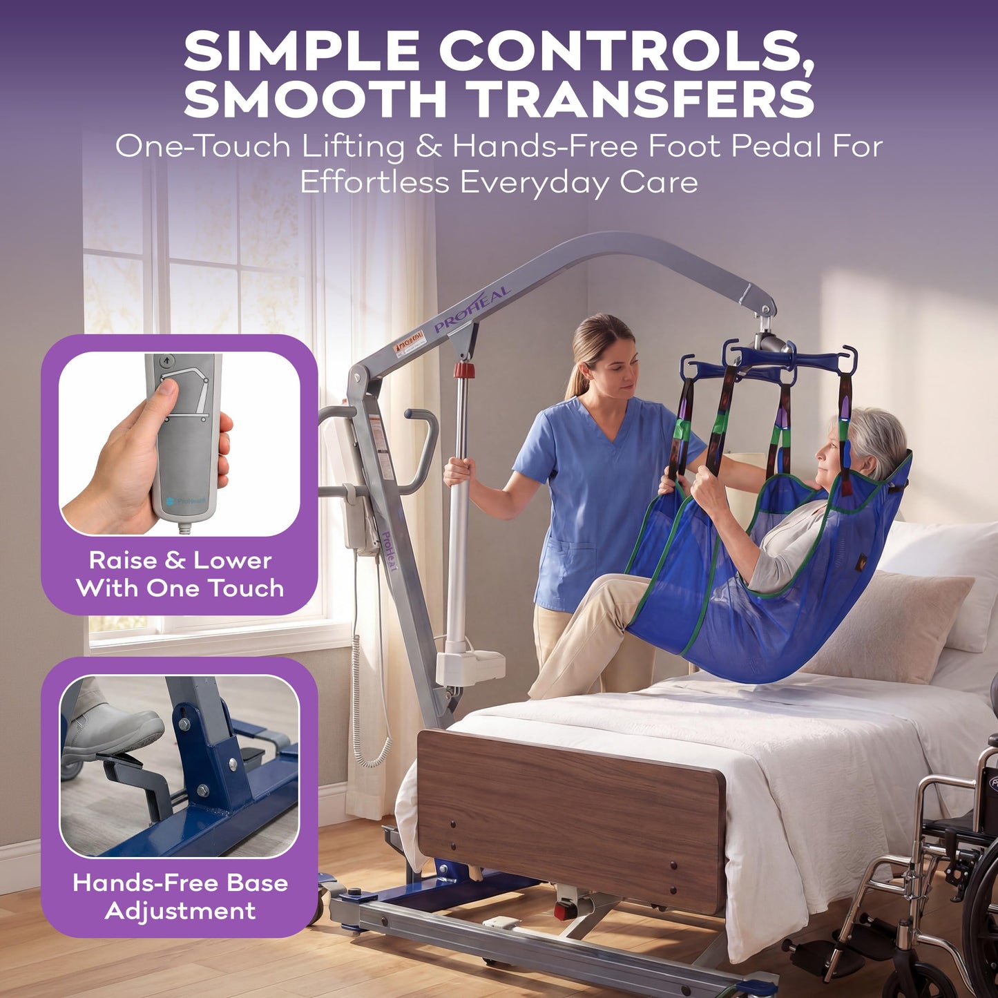 ProHeal Electric Lift - Safe and Easy Full Body Patient Transfer Lifter for Home Use and Facilities - Floor, Low Bed and Chair Lifting, 500 Pound Weight Capacity, 6 Point Spreader Bar