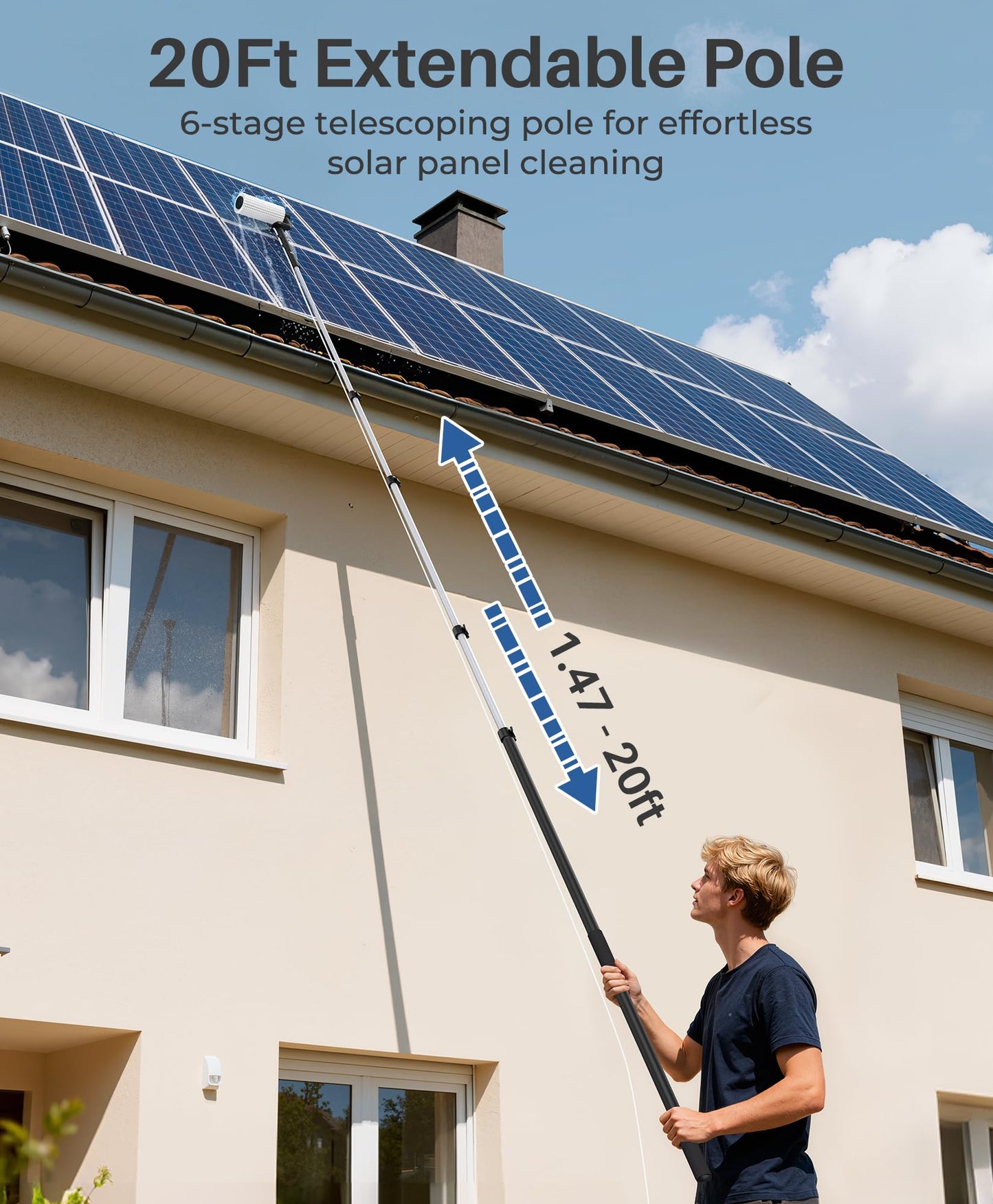LyriFine Electric Solar Panel Cleaning Brush and Pole Kit, 20Ft Extendable Washing Kit with Water Fed Pole, 2 Speed & Soap Dispenser, Outdoor Window Cleaning Tool for Solar Panel, Window, Roof, RV