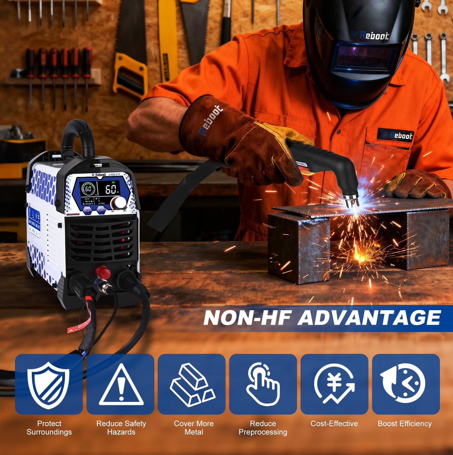 Reboot Plasma Cutter Non-High Frequency Non-Touch Blow Back Pilot Arc, 1" (25mm) Max Cut 5/8 Inch Clean Cut, 2T/4T, Large LED Display Gouging/Marking/Mesh Plate Cutting 120V/240V Dual Voltage