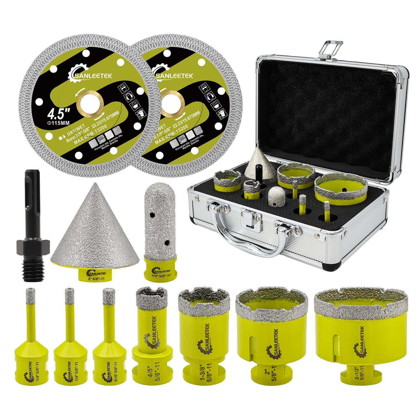 Tile Hole Saw Kit - Diamond Core Drill Bits Set SANLEETEK for Porcelain Tile Ceramic Marble 6/6/8/20/35/50/65MM+4/5'' Finger Bit+2" Chamfer Bit+2pcs 4.5" Saw Blade+SDS, 12pcs