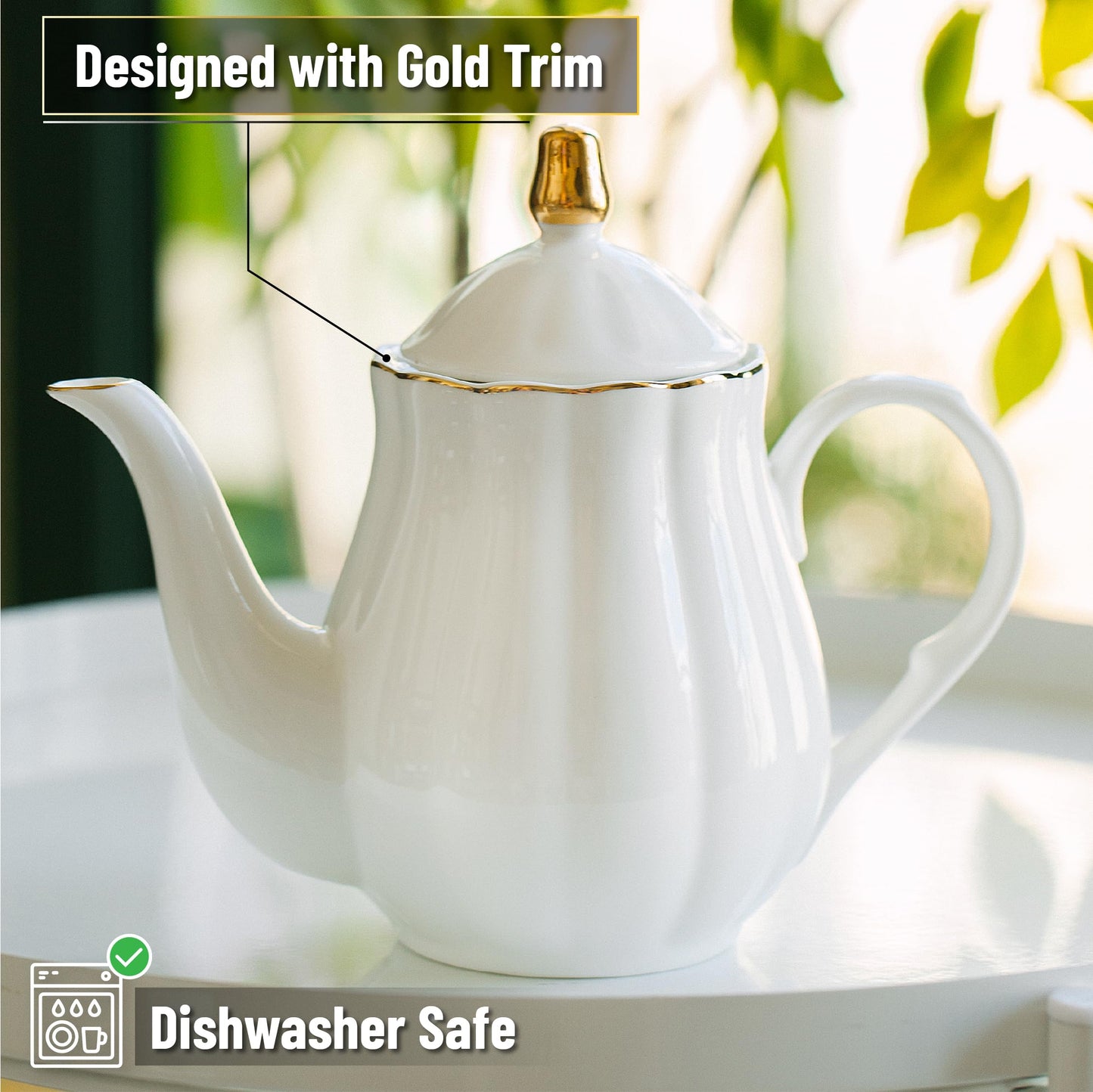 BTaT- Porcelain Tea Pot with Stainless Steel Infuser, 32 oz, White, Tea Pot with Gold Trim, Teapot with Infuser, Porcelain Teapot, Tea Brewing Pot, Teapots for Loose Tea