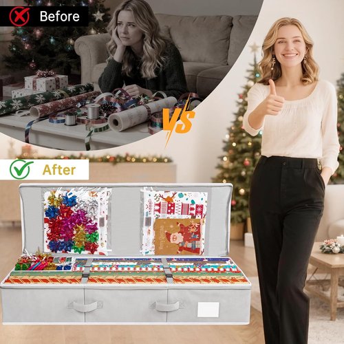 Criusia Gift Wrapping Paper Organizer - Durable Underbed Storage for 24 Rolls | Removable Dividers & Pockets, Grey