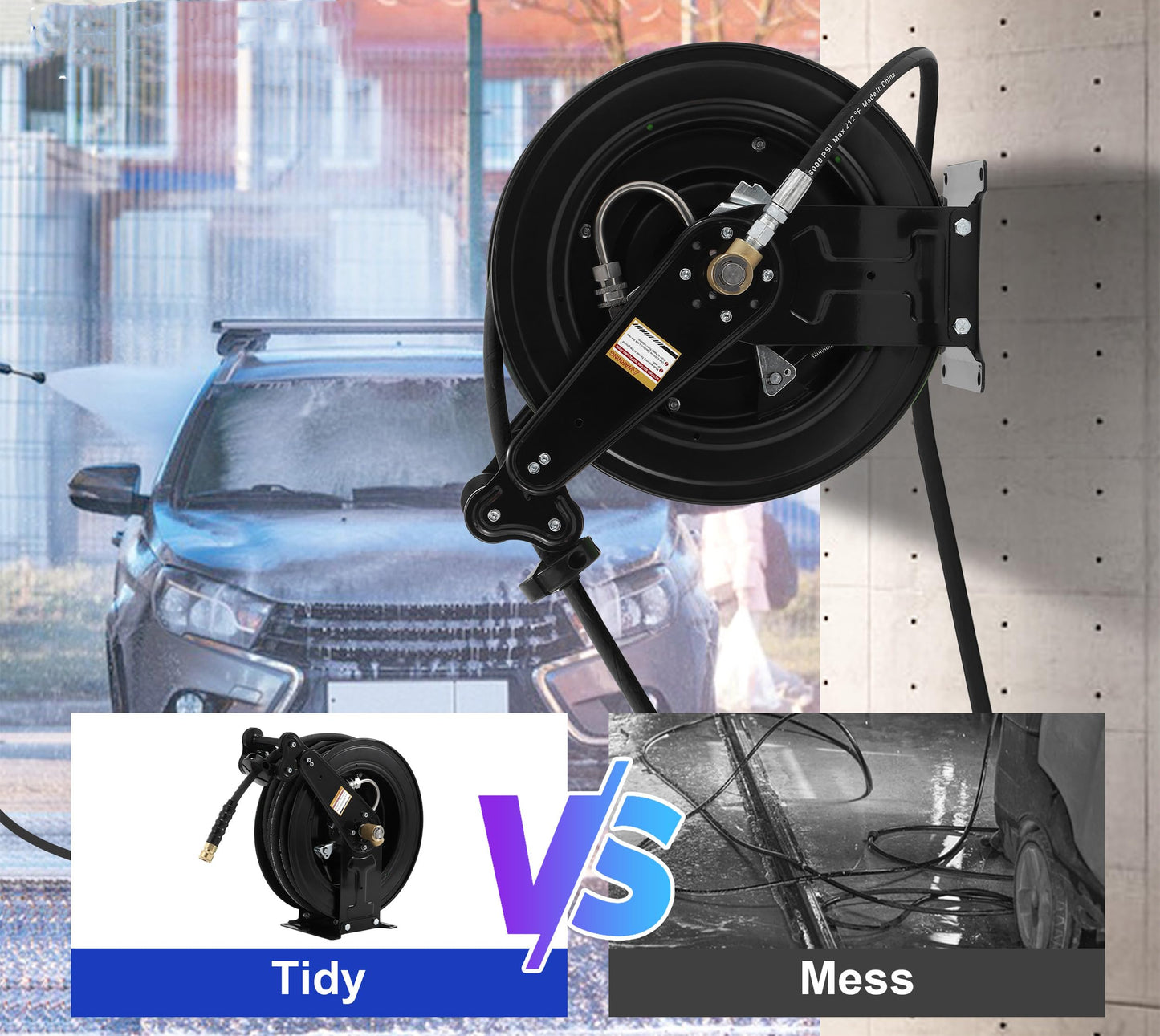 Retractable Hose Reel, Double Arm 3/8 in x 50 ft Heavy Duty Steel Professional Power Wash Hose Reel for Oil/Air/Water 4000 PSI with 5 ft Lead [Pressure cleaning hose not included ]