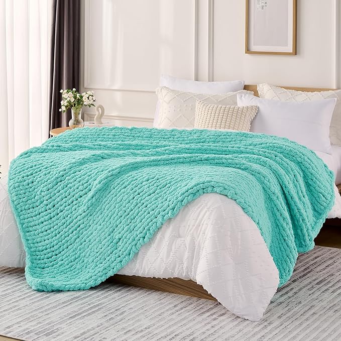 L'AGRATY Chunky Knit Blanket Throw: 60''x80'' Chenille Chunky Knitted Throw Blankets for Bed Couch - Handmade Thick Big Cable Knit Blanket - Large Crochet Rope Blankets for Home Decor(Lake Blue)