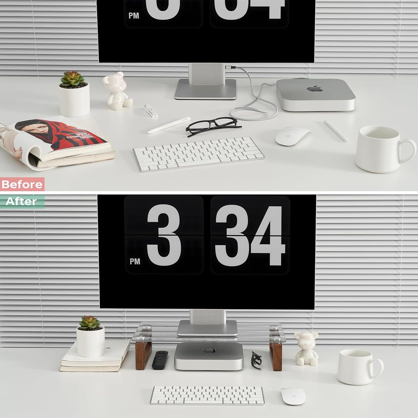 YEOUX Multi-Purpose Desktop Stand, Clear Floating Computer Monitor Riser with Natural Wood Base, Desk Organization