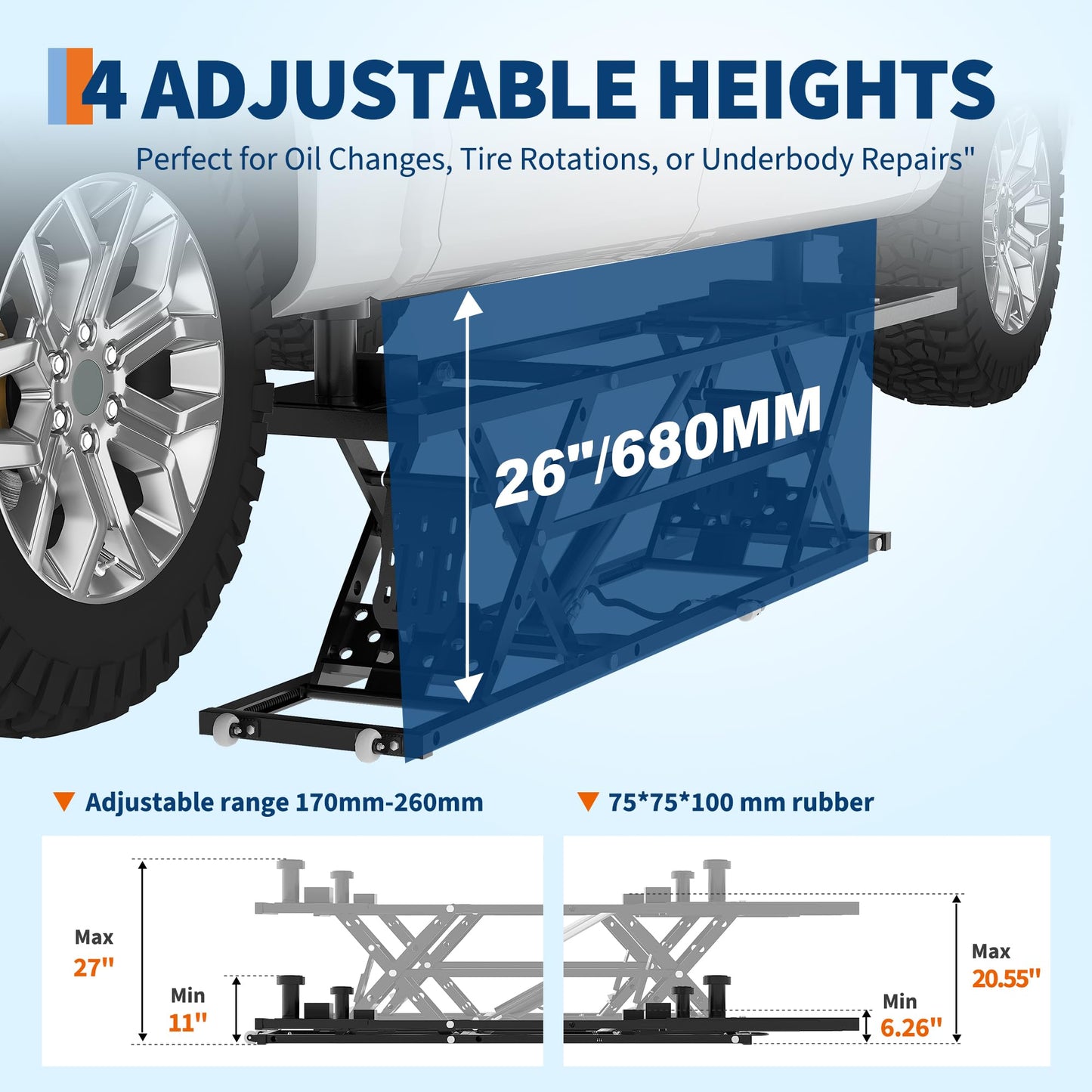 7000LBS Portable Car Lift for Trucks SUV Sedan, Heavy Duty Scissor Lift Jack with Safety Lock, Adjustable Height 6.26"-27", Hydraulic Vehicle Lifting System with Extension Plates
