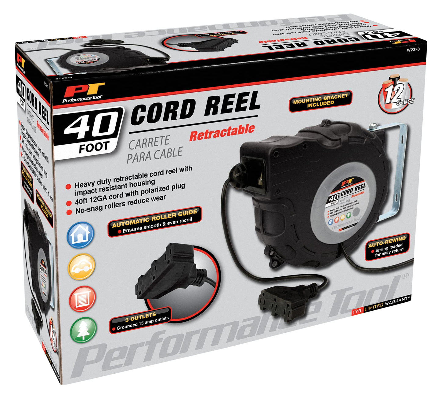 Performance Tool W2278 40ft 12-Gauge Retractable Power Cord Reel with Spring Loaded Auto-Rewind