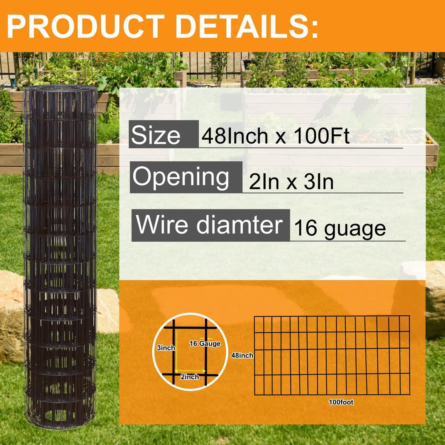 SOTTORICH Garden Fence 48in x 100ft, 2 x 3 Inch 16GA, Chicken Wire Mesh Garden Border Fencing Roll Vinyl Coating Metal Wire Mesh Hardware Cloth for Yard Vegetable Plant Protection Poultry Netting