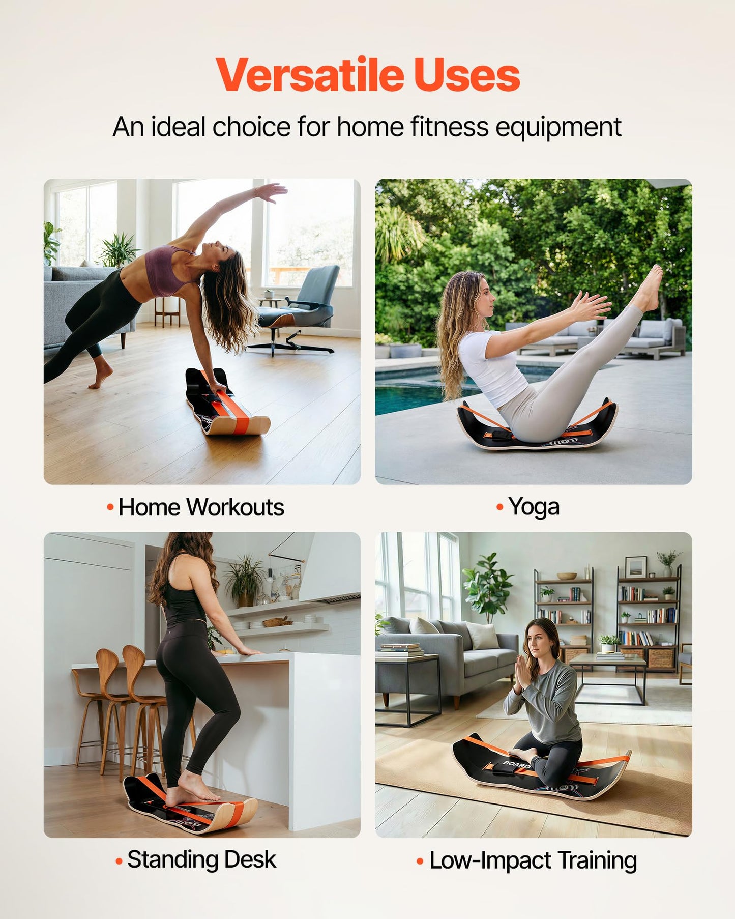 VEVOR Balance Board, Wobble Board Trainer for Adults, Premium Wooden Curved Balance Training Equipment, Compact & Lightweight for Core Workouts, Standing Desk Exercise, Home Gym, Yoga, Black & Orange