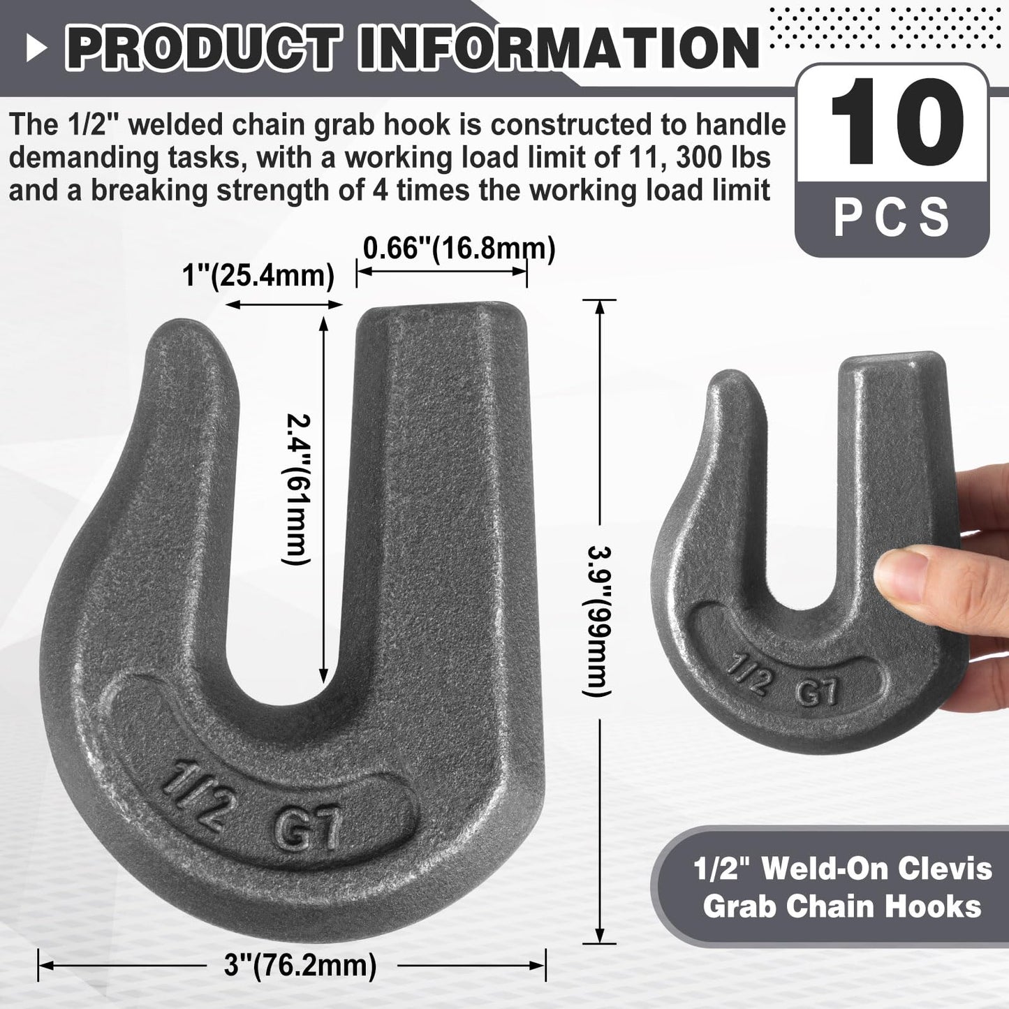 LEIFIDE 10 Pack 1/2'' Weld on Grab Chain Hook G70 Forged Heavy Duty Weldable Grab Hooks for Trailer Truck Rigging Car Tractors Loader Bucket-Working Load Limit: 11300 Lbs