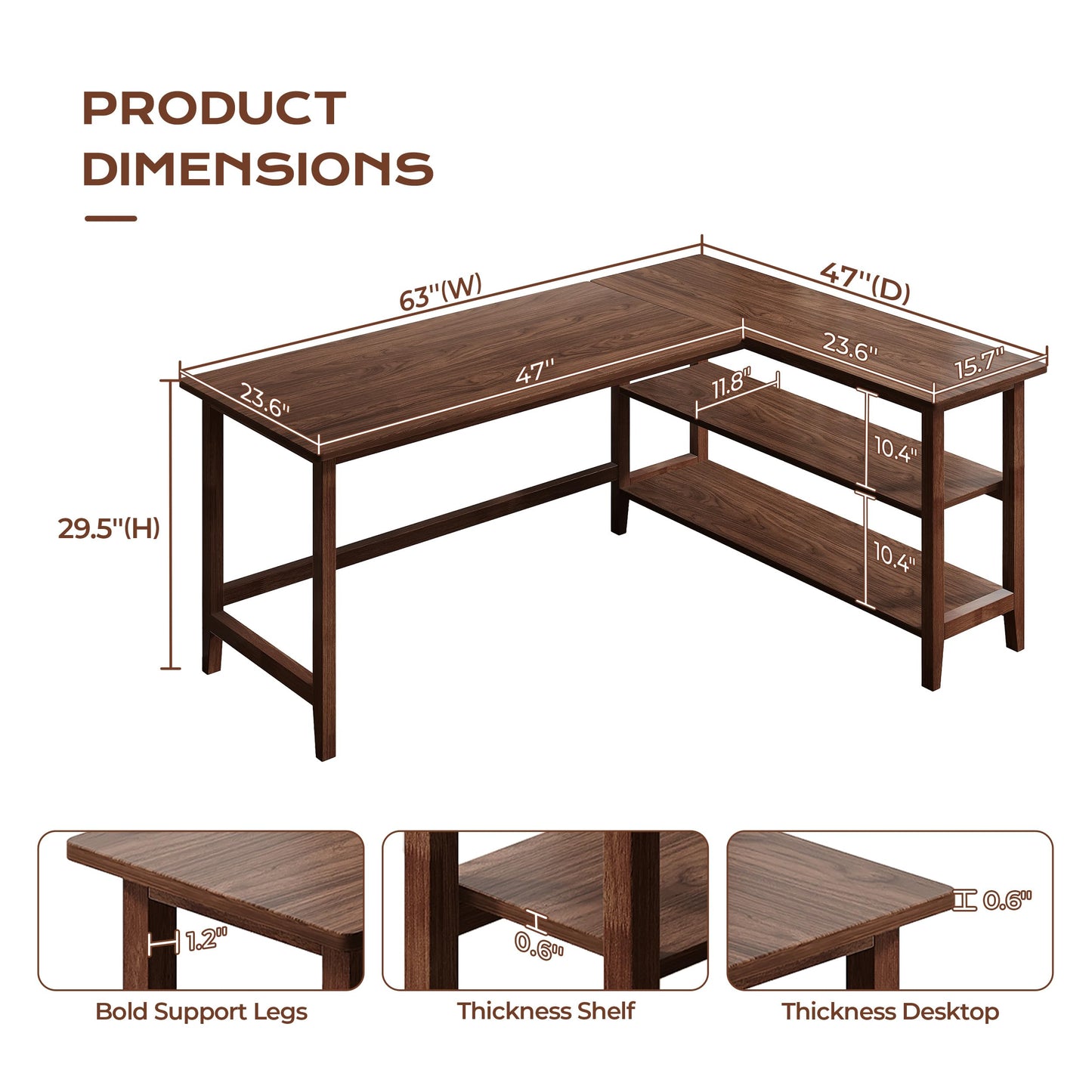 IOTXY Reversible L-Shaped Office Desk - 63" Extra Large Corner Computer Table with Storage Shelves, Solid Wood Legs, Home Writing & Study Workstation, Walnut