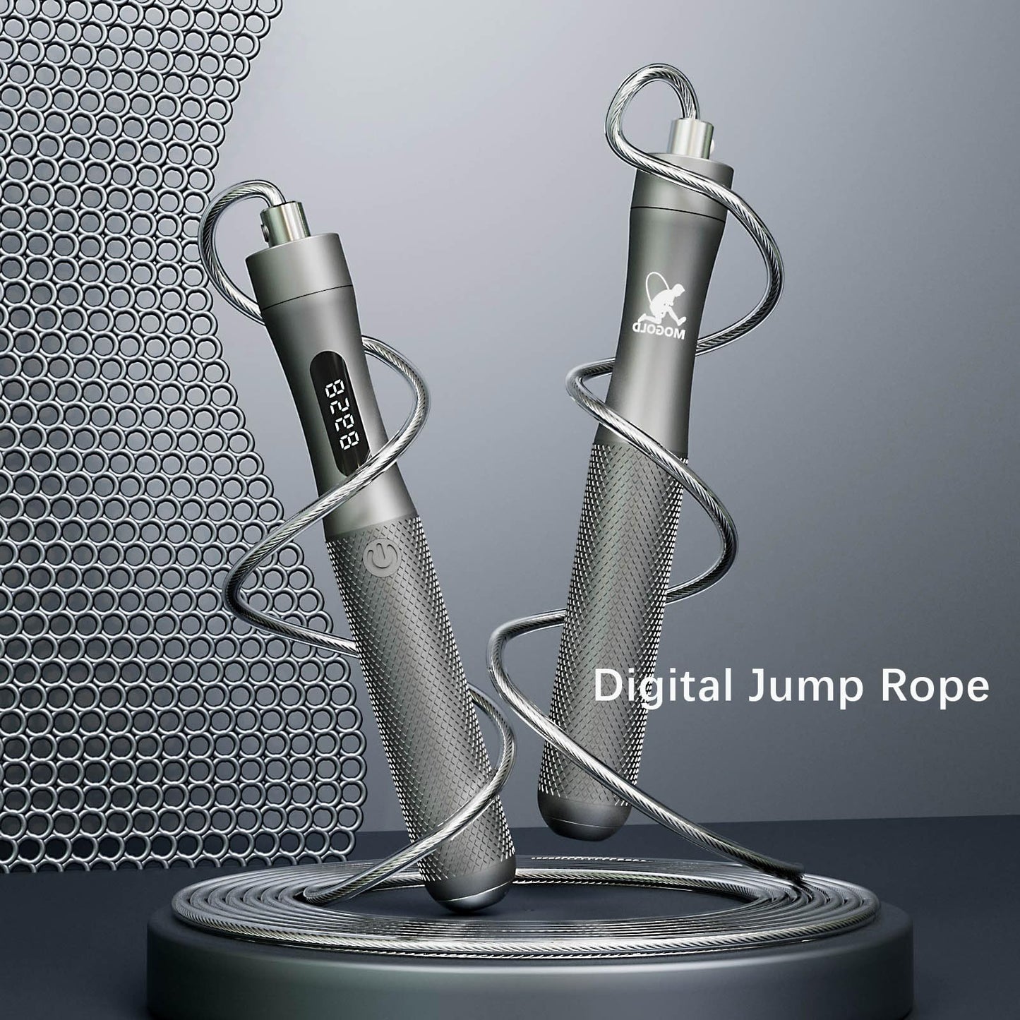 MOGOLD Counting Jump Rope, Gray Aluminum Alloy Handle with PVC Cable, 118 Inch Length, Fast Charging, Ergonomic Design, for Cardio Training (Silver)
