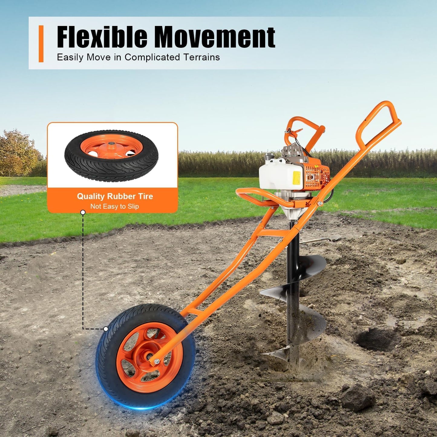 63CC 2 Stroke Post Hole Digger 3HP Gas Powered Earth Auger Borer Ground Drill Gasoline Earth Auger Wheelbarrow with 11" Bit, for Fence Ground Drill Garden Tree Planting (Orange)-[Arrives in two boxes]