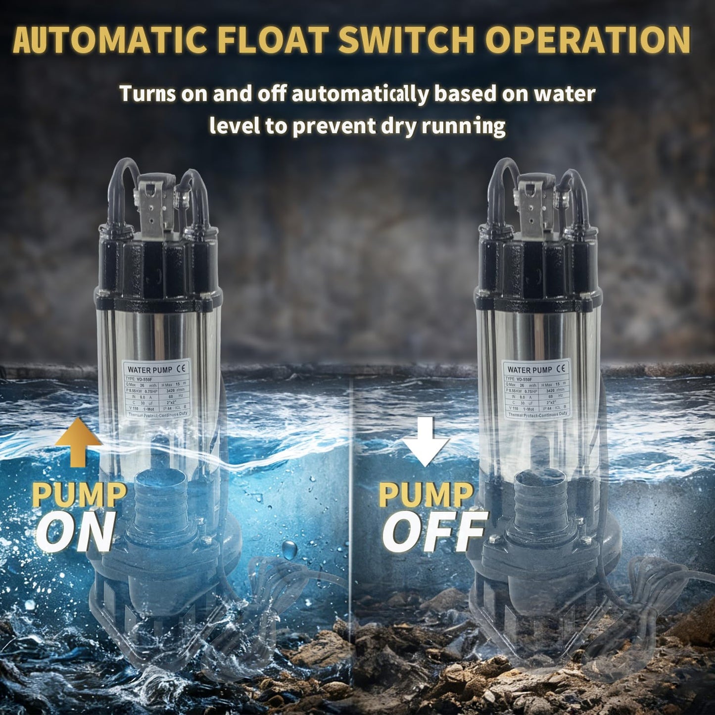 Submersible Sewage Sump Pump, 3/4HP 115V, 6868 GPH Stainless steel Sewage Pump Automatic Float Switch, 2'' NPT Discharge, 10FT Cable for Basement Sump Basin & Sewage Pit