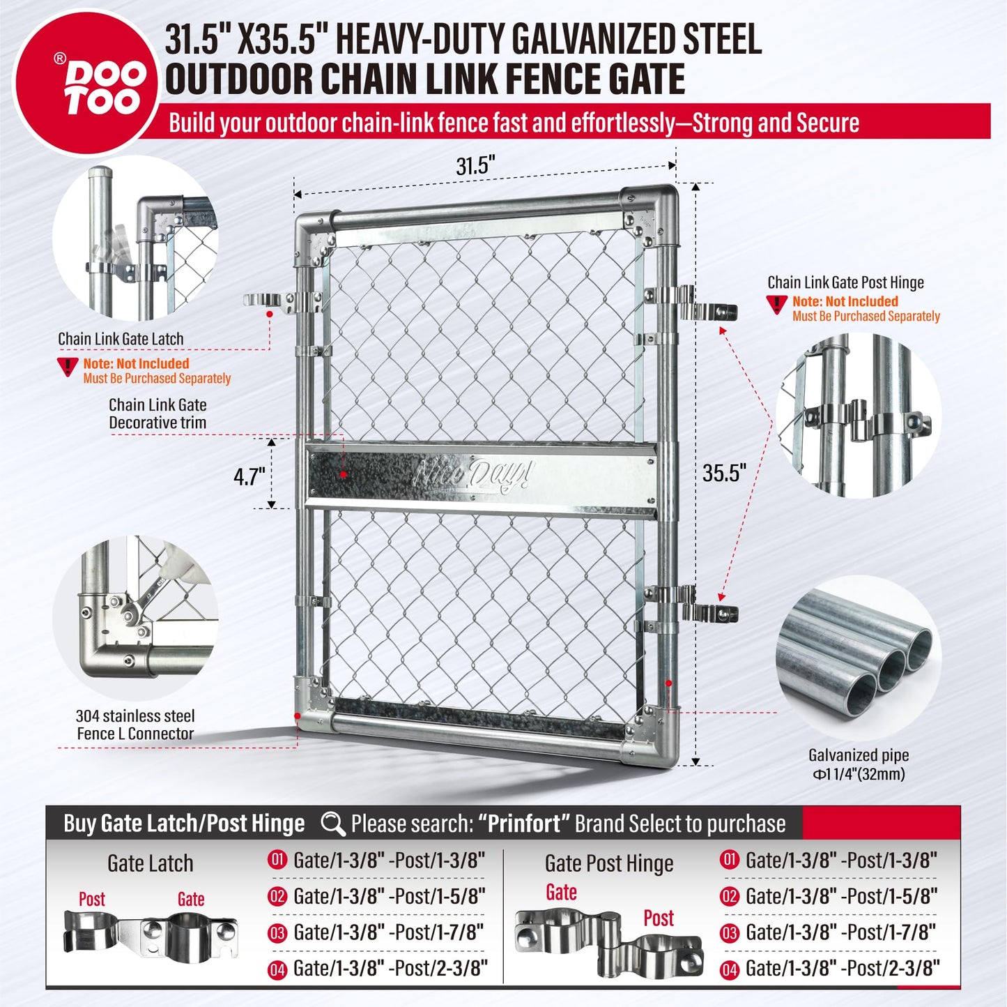 3x3FT(31.5"W x 35.5"H) Heavy Duty Galvanized Steel Chain Link Gate, Durable Outdoor Fence Gate Easy Installation for Backyard丨Garden丨Pet Yard