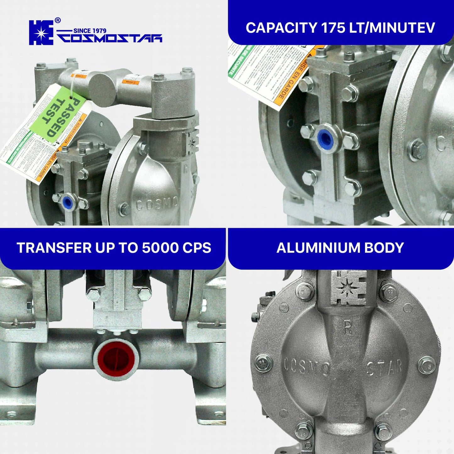 COSMOSTAR D0906 1" Double Air Diaphragm Pump - Aluminum Body, Teflon Ball, Seat and Diaphragm With Muffler - Chemical, Waste Oil, Pneumatic Oil Pump